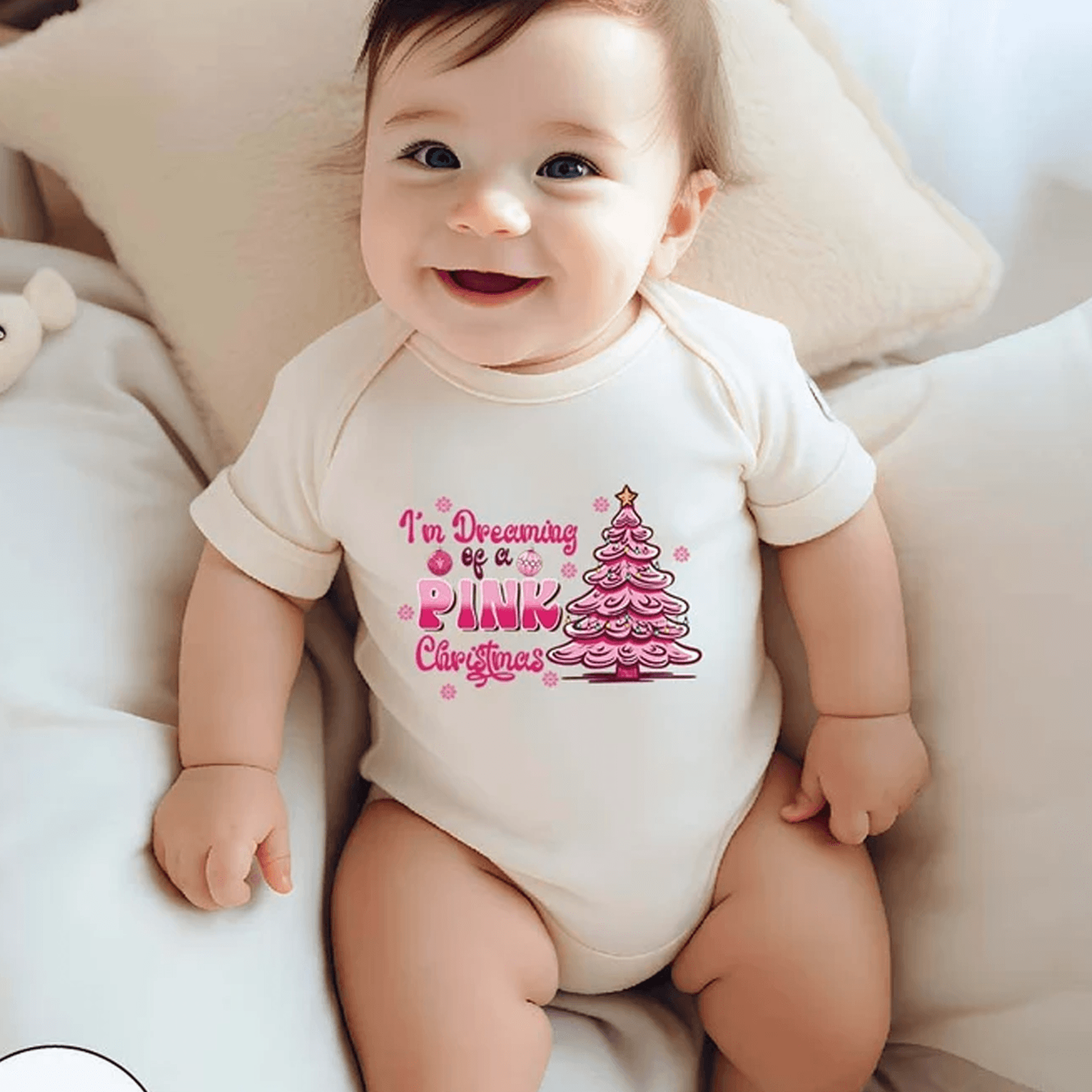 pink christmas tree baby bodysuit, girls christmas shirt, pink christmas toddler tee, baby girl holiday outfit