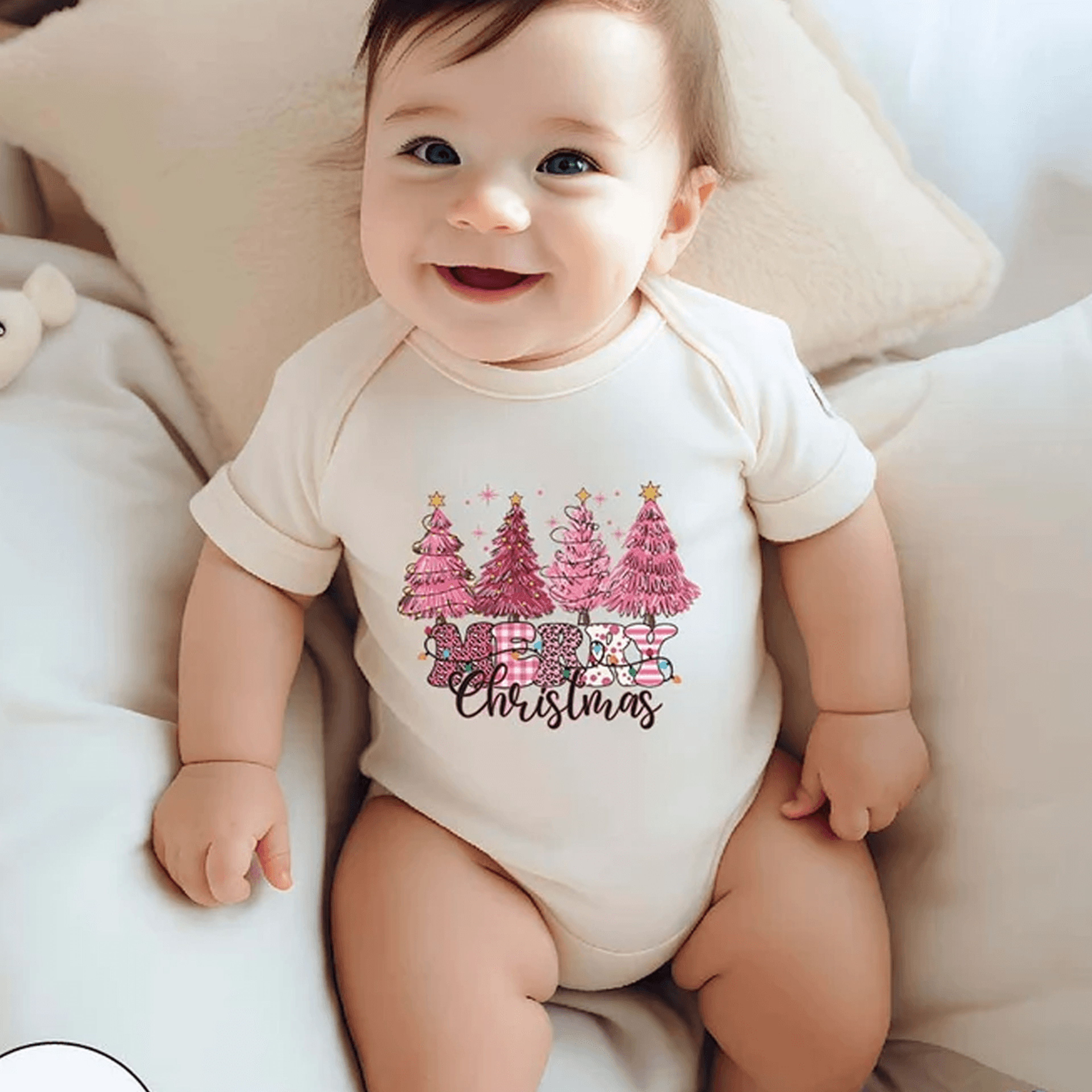 retro pink christmas tree shirt, merry christmas baby bodysuit, girls xmas toddler shirt, pink holiday kids tee