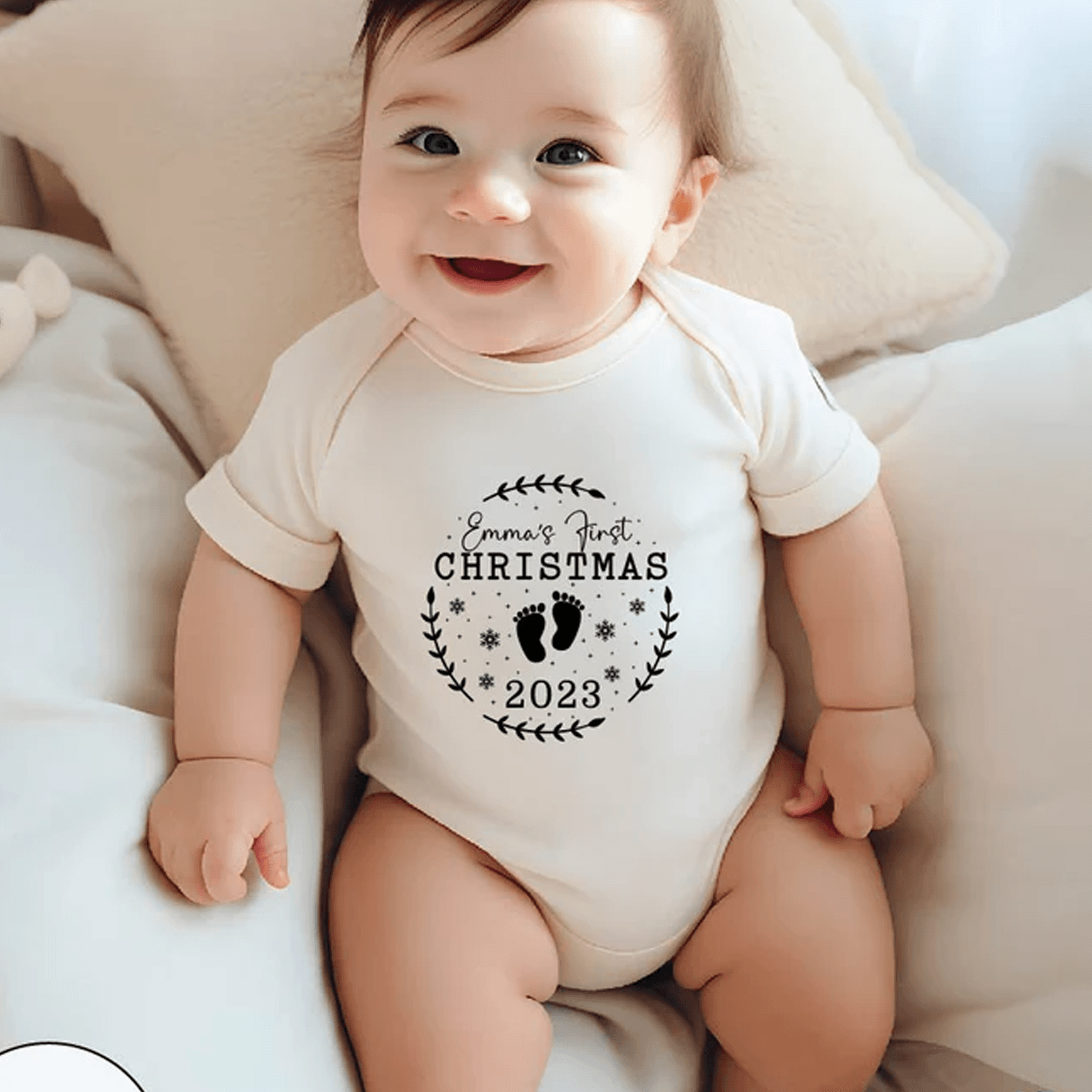 custom first christmas baby bodysuit, personalized baby name christmas outfit, baby footprint shirt, newborn xmas gift