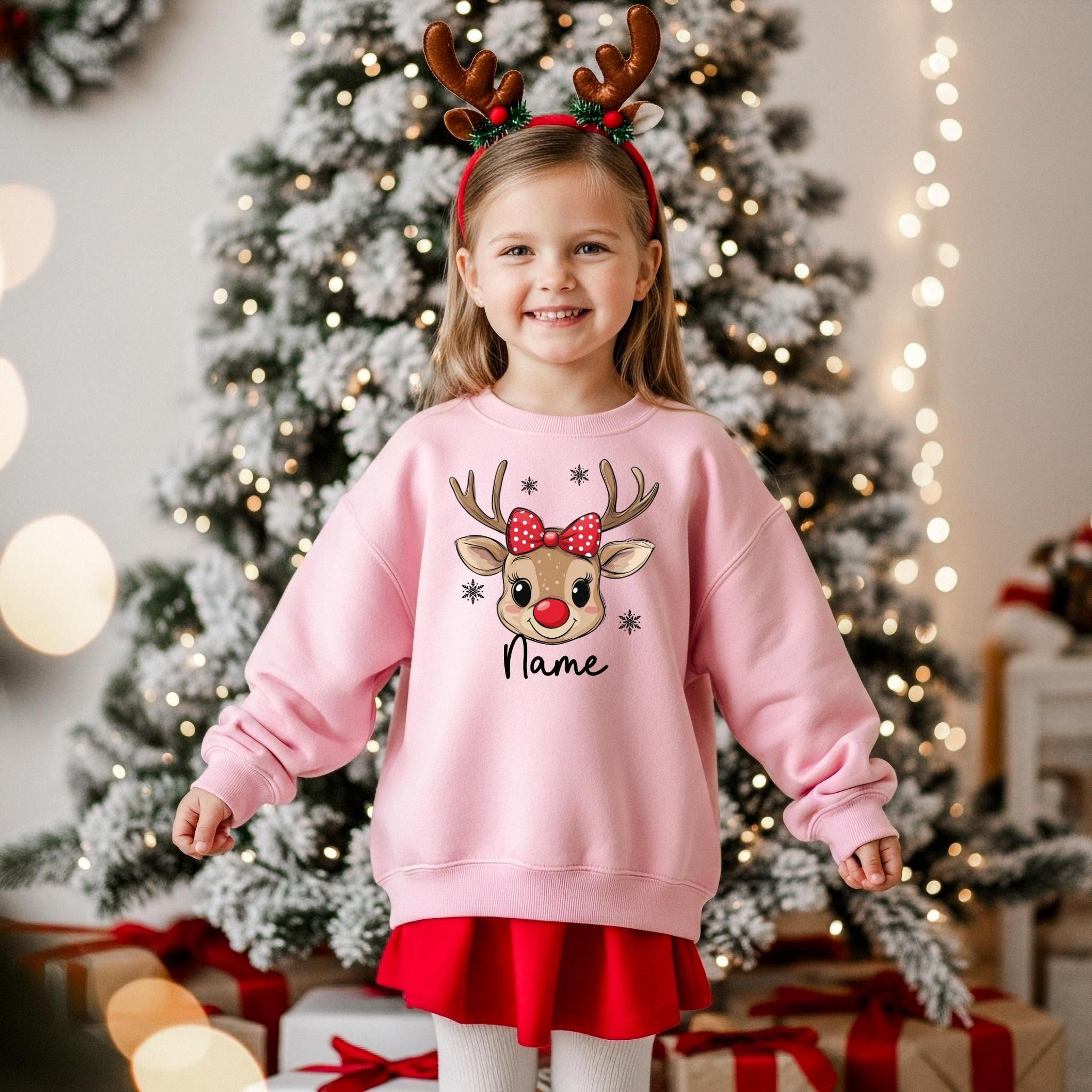 personalized christmas reindeer shirt, kids name sweatshirt, custom baby romper, cute girl xmas outfit