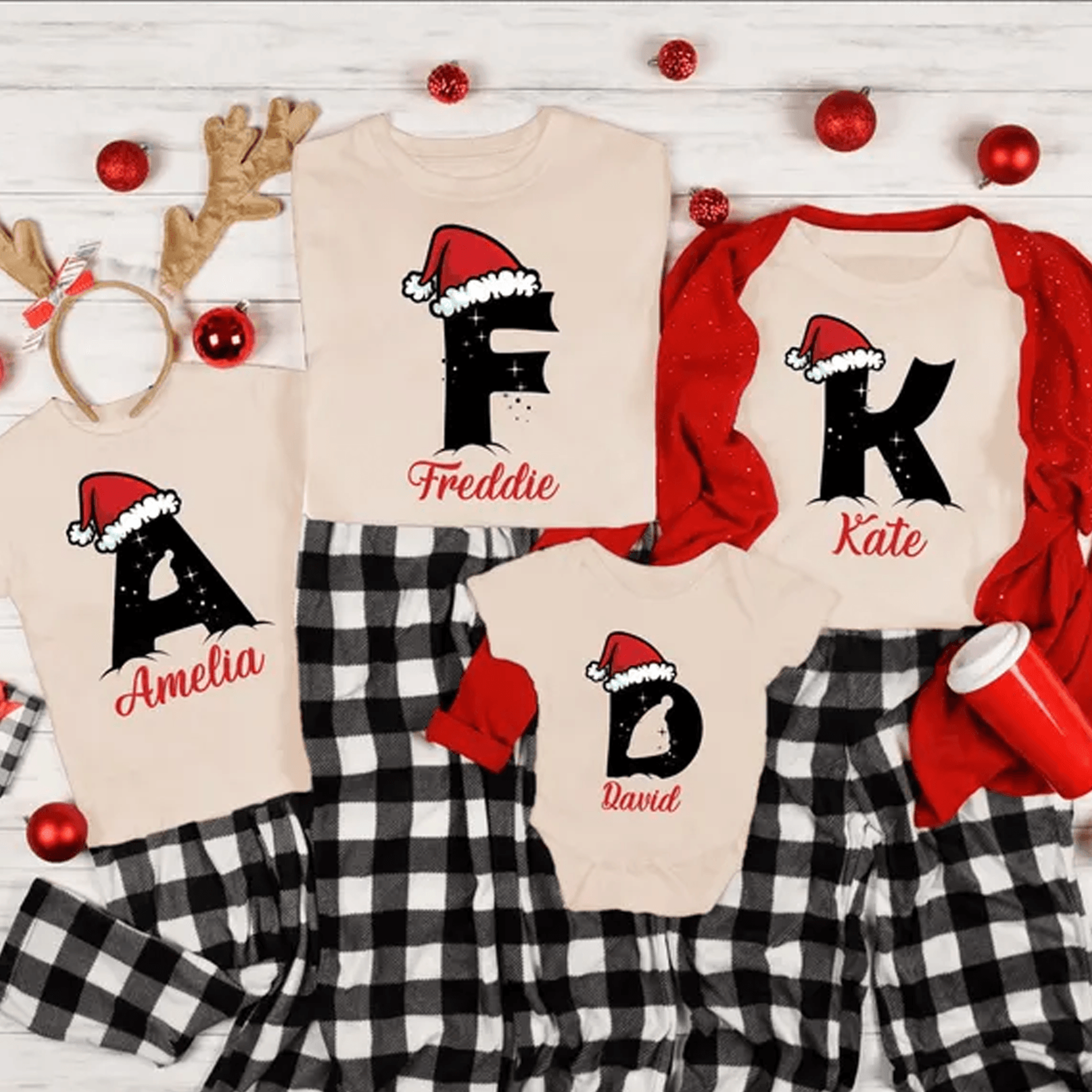 personalized matching family christmas shirt, custom name monogram xmas tee, santa hat holiday family shirt gift