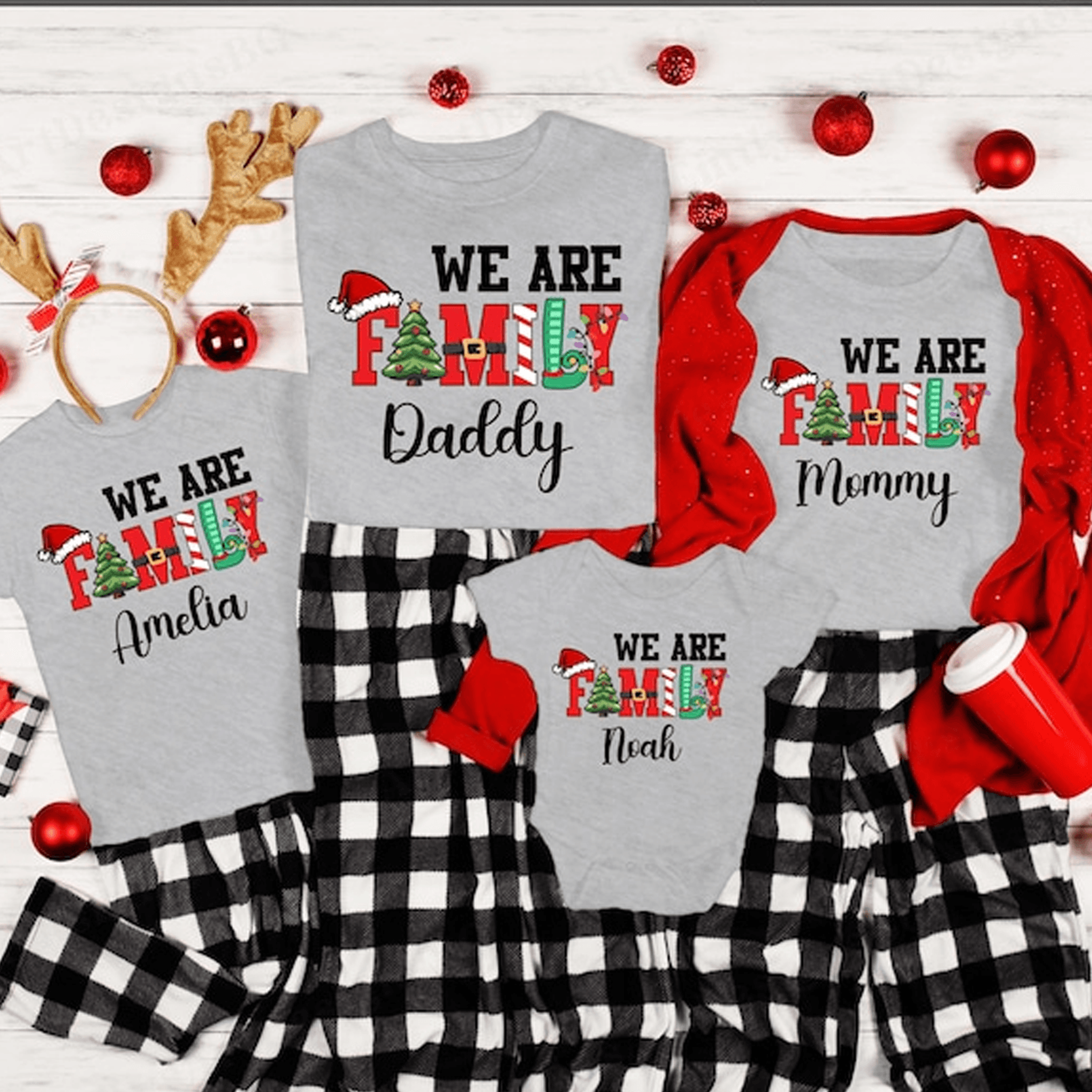 custom family christmas shirt, personalized we are family xmas tee, matching holiday pajama top, family christmas gift