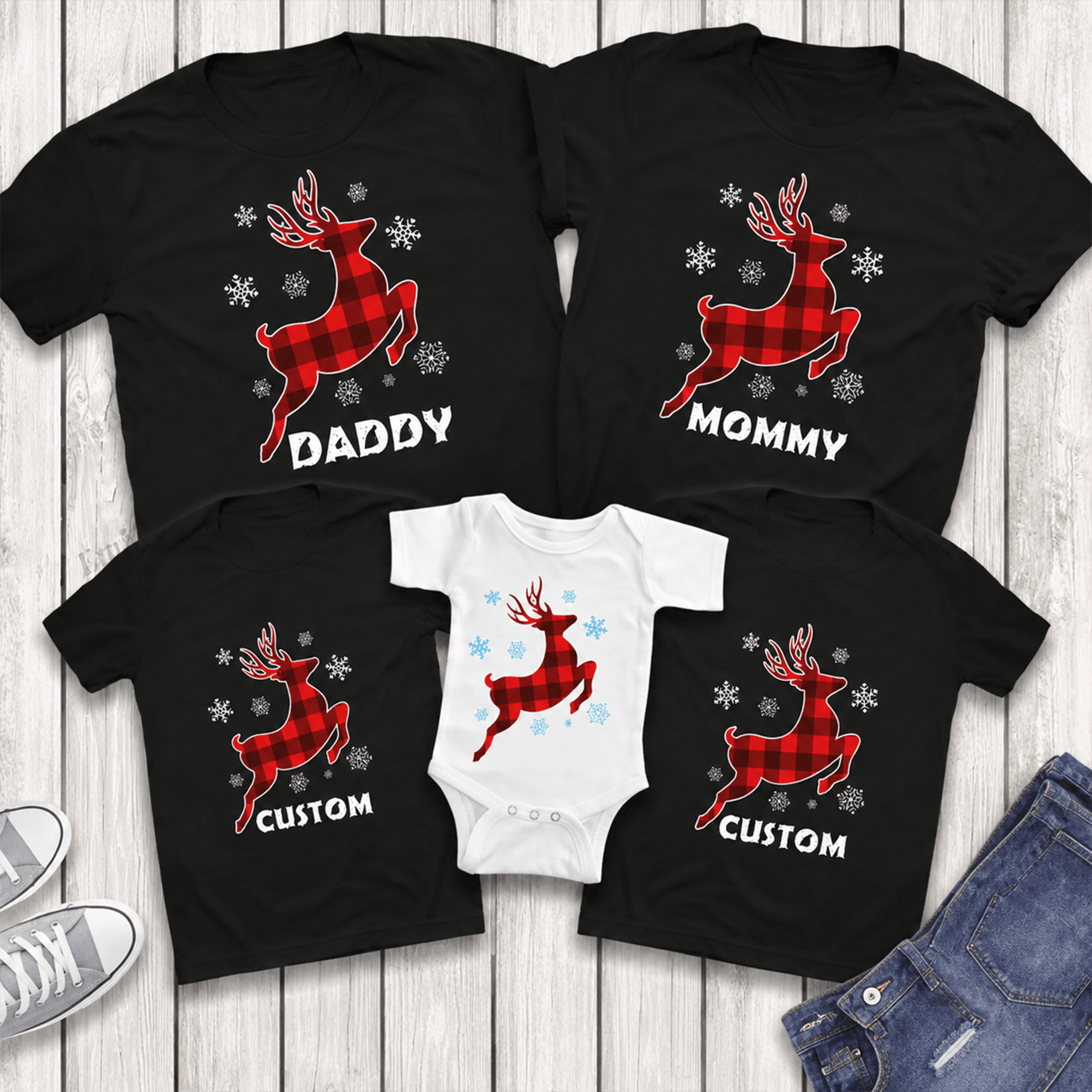 personalized reindeer family christmas shirt, buffalo plaid deer xmas tee, matching holiday family shirt, custom name gi