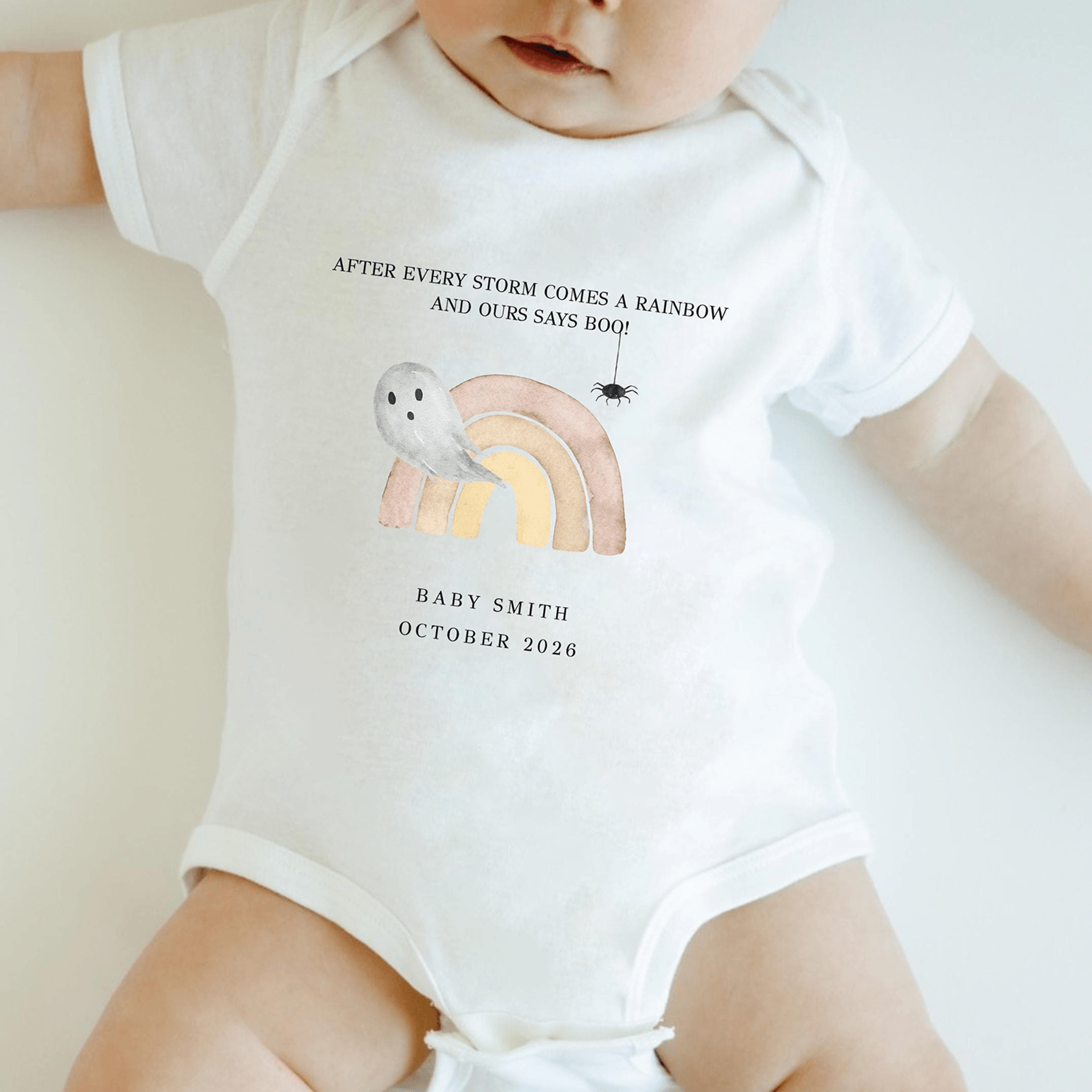 personalized halloween rainbow baby bodysuit, custom name & due date ghost onesie, rainbow baby pregnancy announcement g