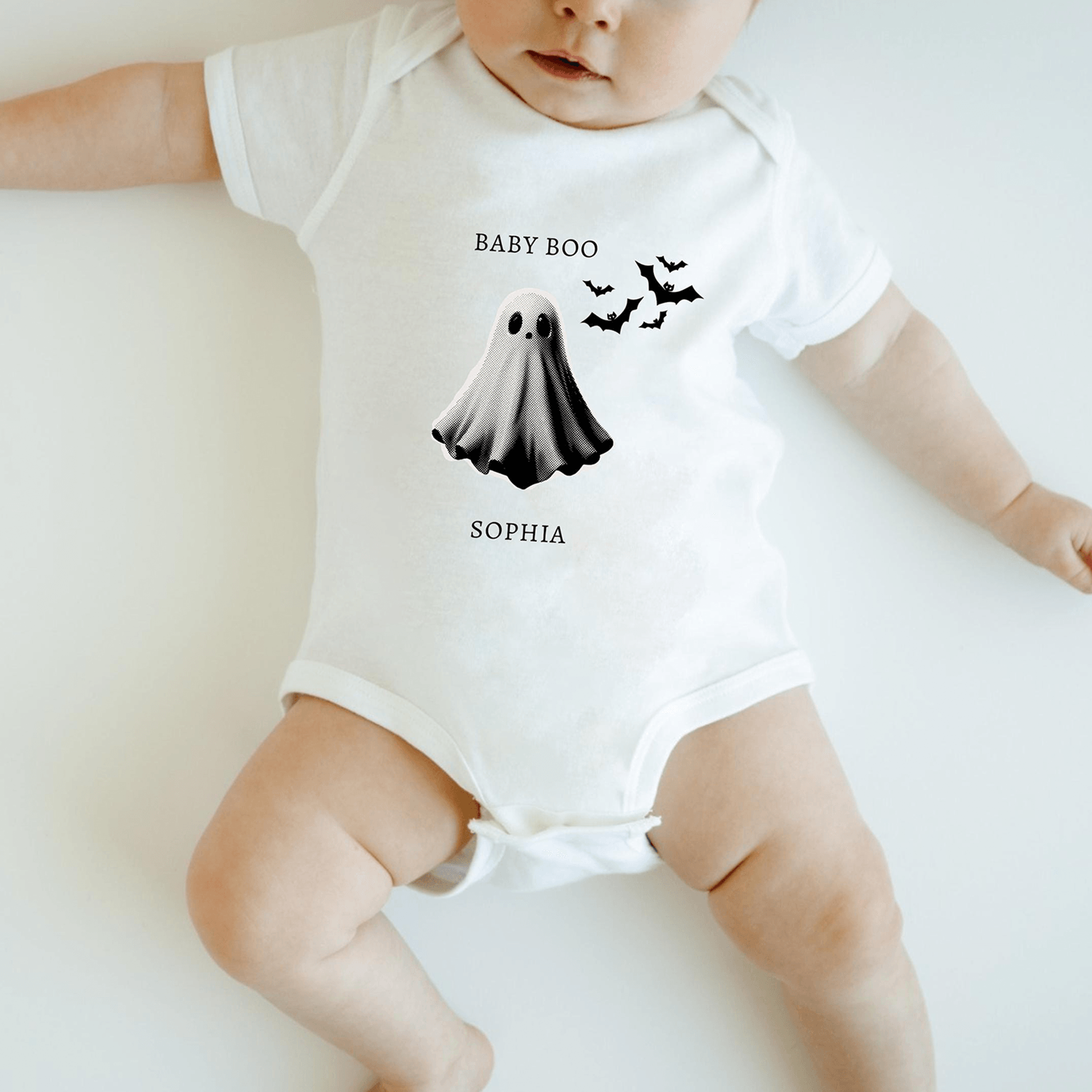 personalized first halloween baby bodysuit, custom name pumpkin ghost outfit, baby 1st halloween shirt, newborn fall gif
