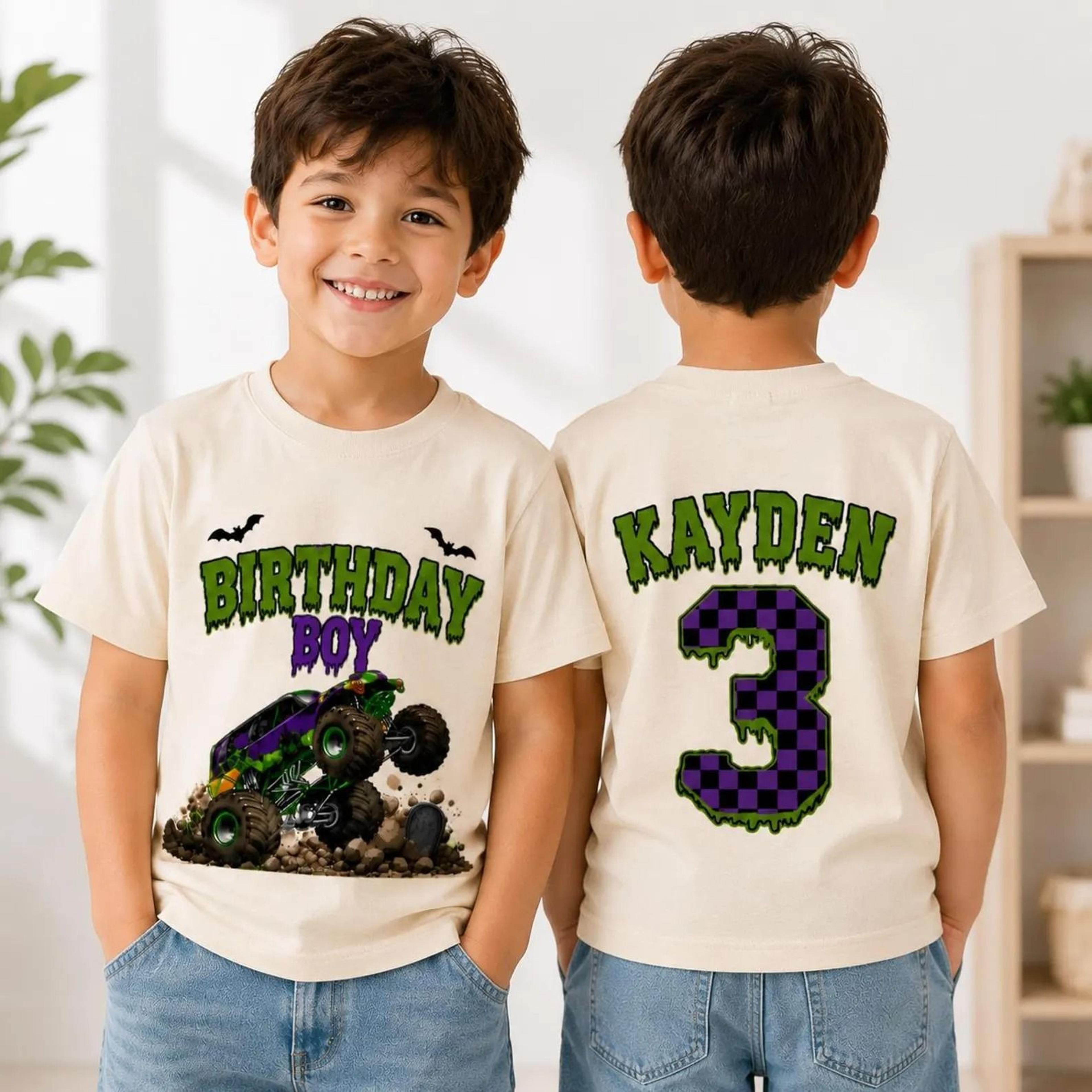 birthday boy halloween shirt, monster truck birthday shirt, personalized kids birthday shirt, custom name age shirt