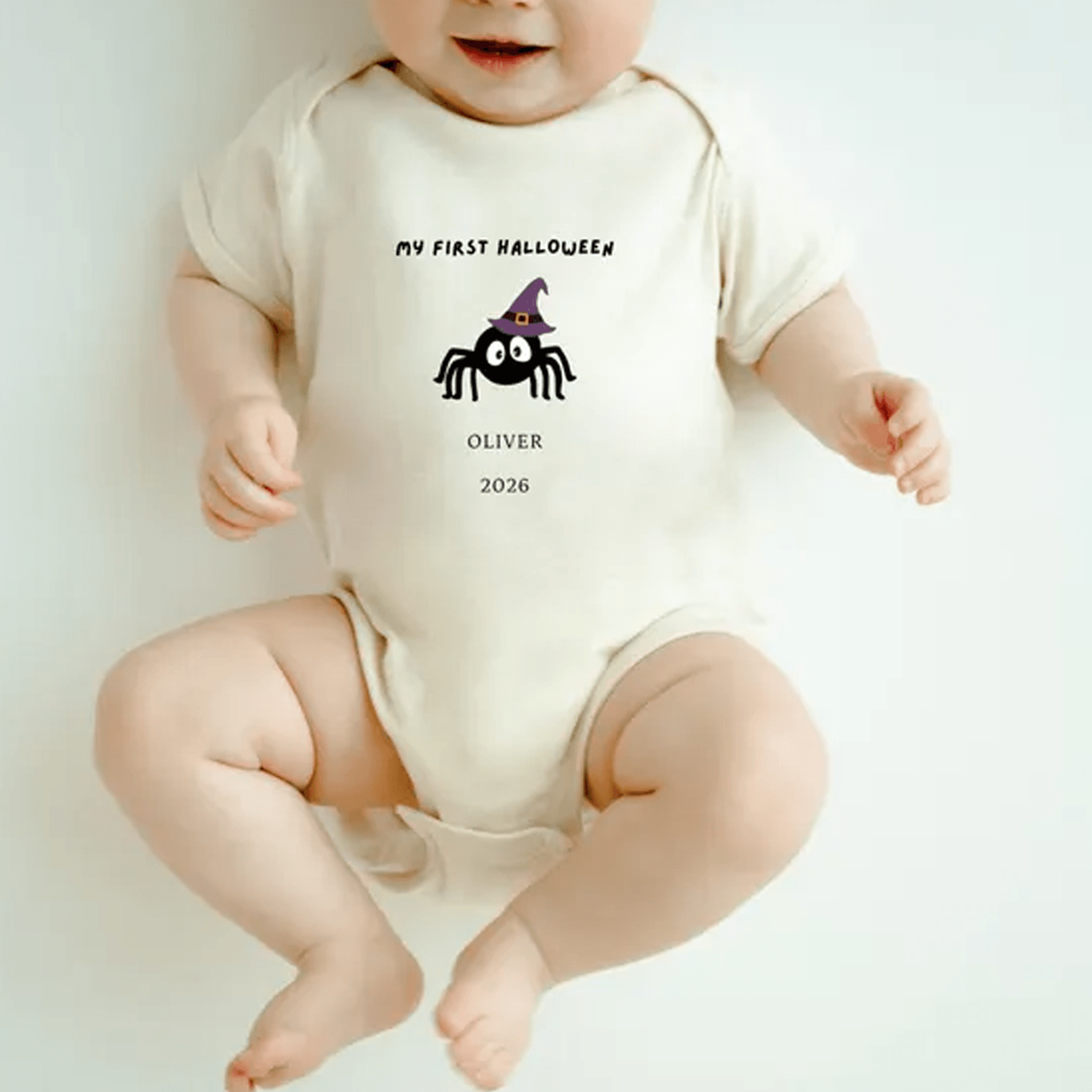 personalized first halloween baby bodysuit, custom name spider witch hat onesie, my first halloween newborn baby gift