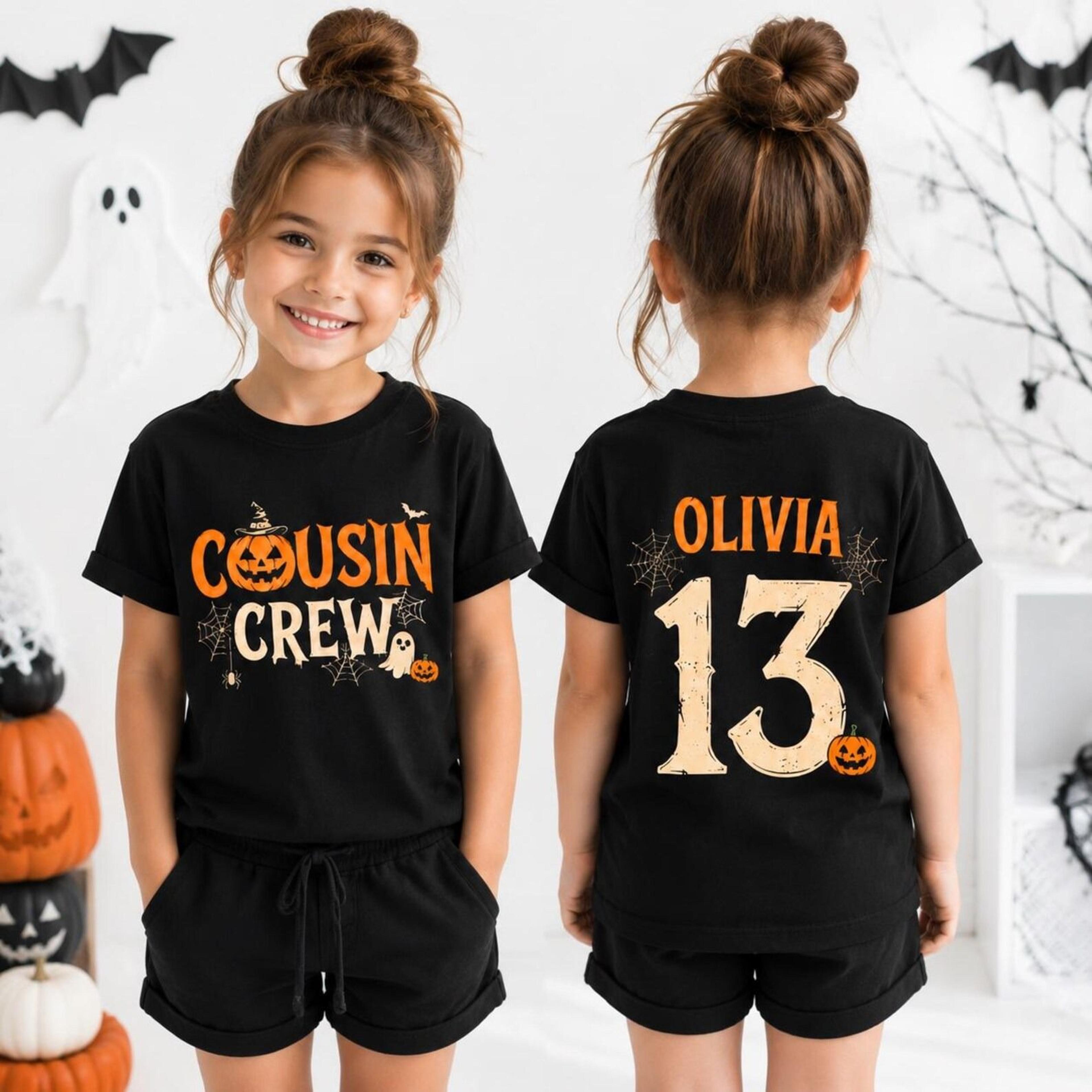 cousin crew halloween shirt with name number, personalized kids halloween shirt, matching family halloween outfit