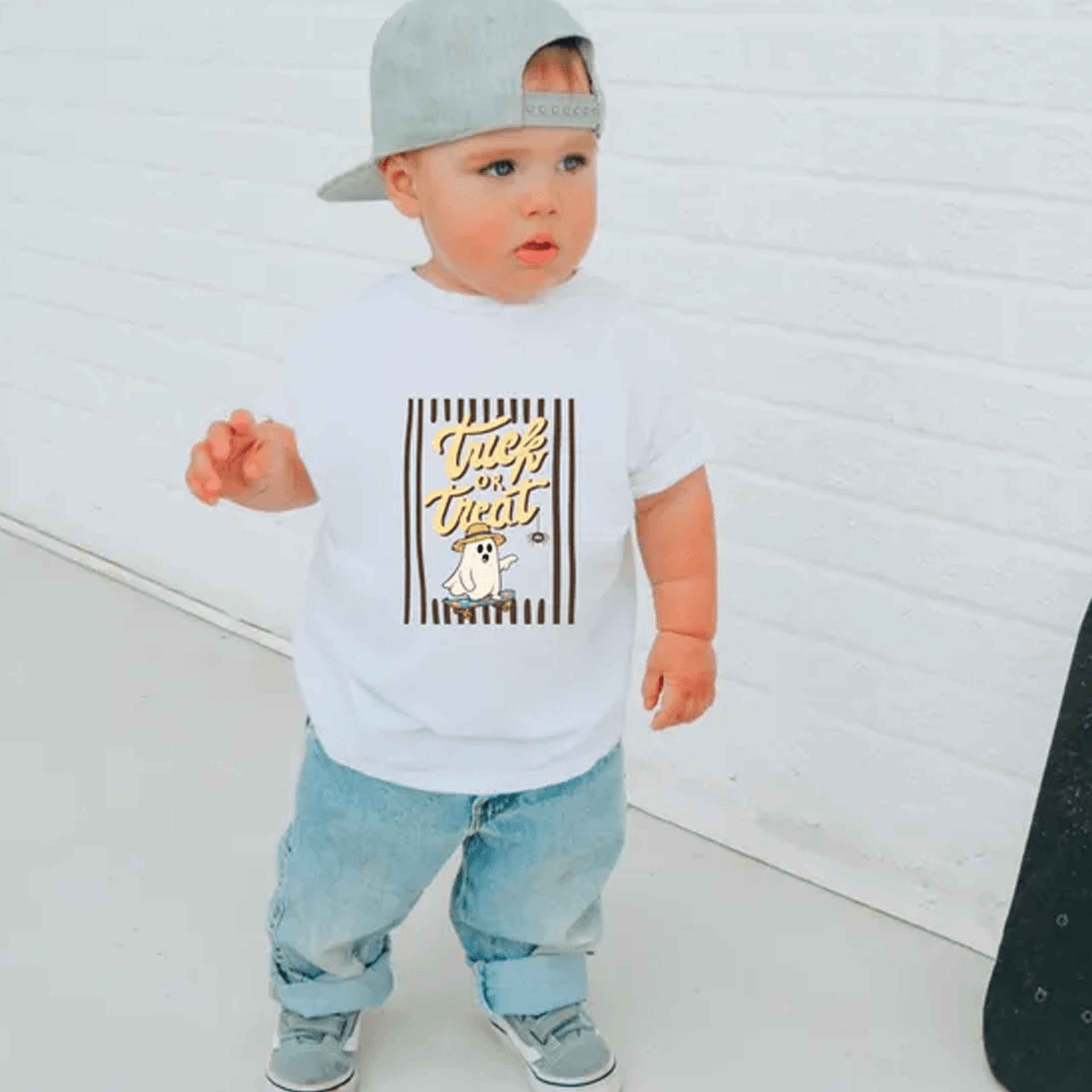 retro trick or treat ghost shirt, skateboard ghost toddler tee, spooky halloween kids shirt, vintage fall costume tee