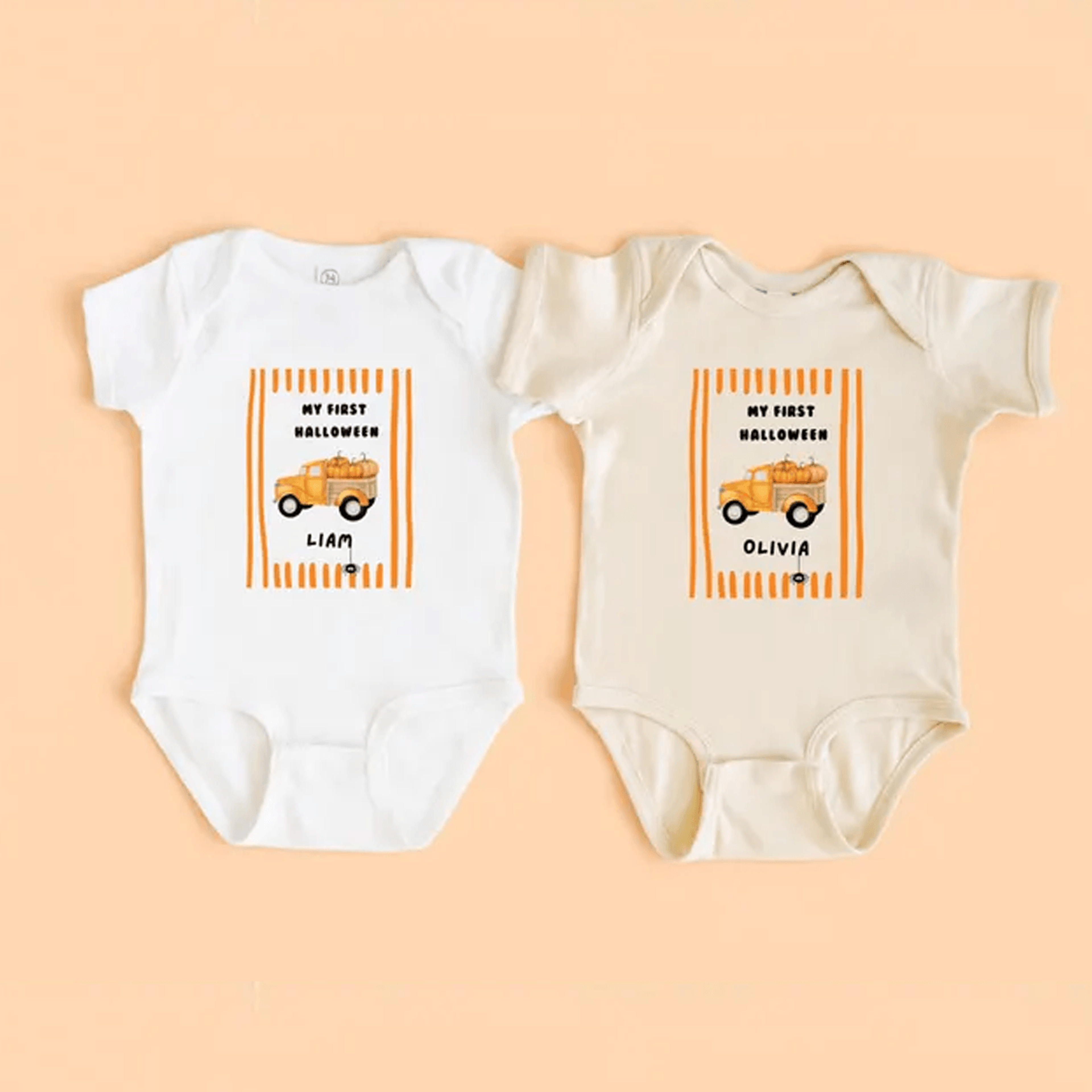 personalized first halloween baby bodysuit, custom name pumpkin truck onesie, my first halloween newborn outfit gift