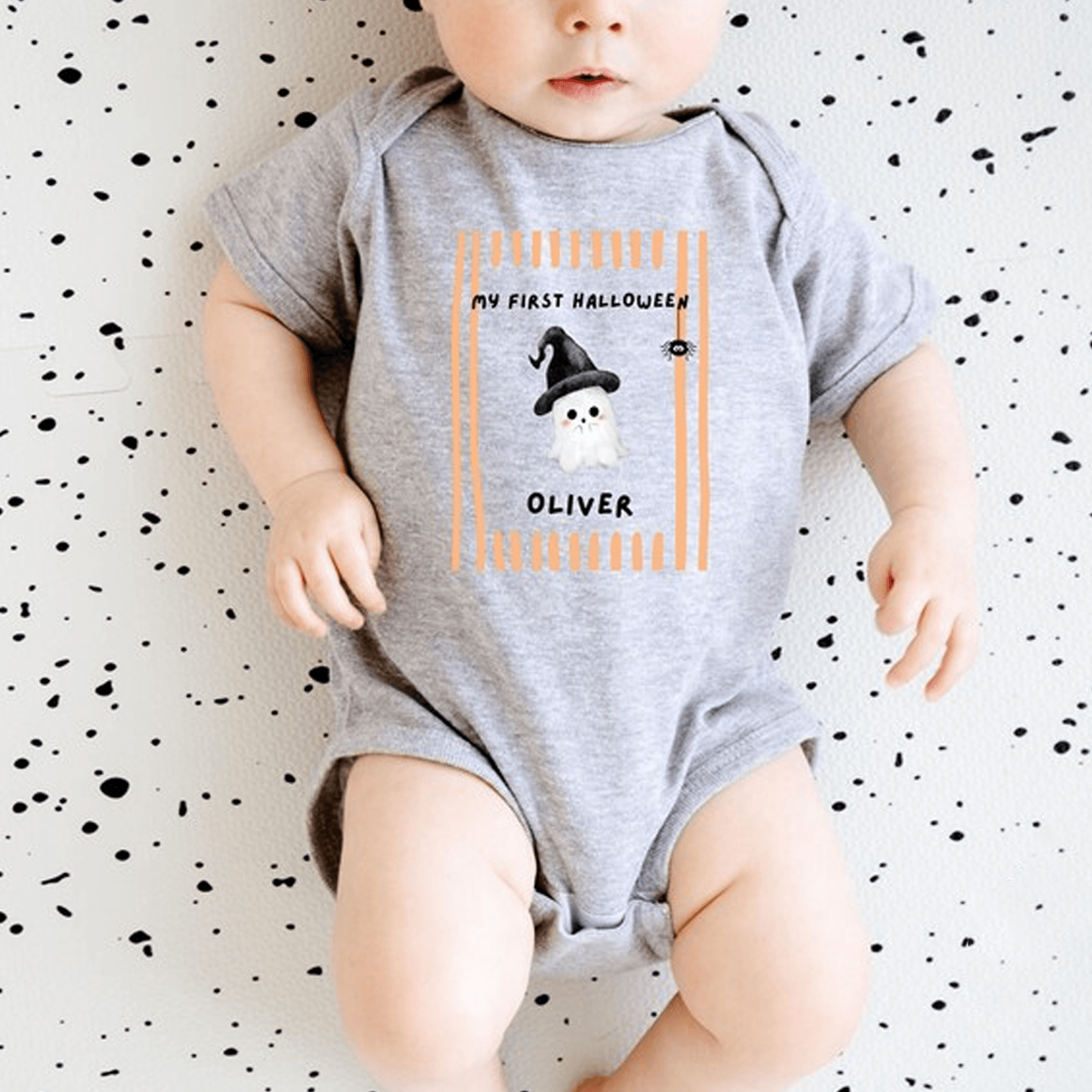 personalized first halloween baby bodysuit, custom name ghost witch hat onesie, my first halloween newborn spooky gift