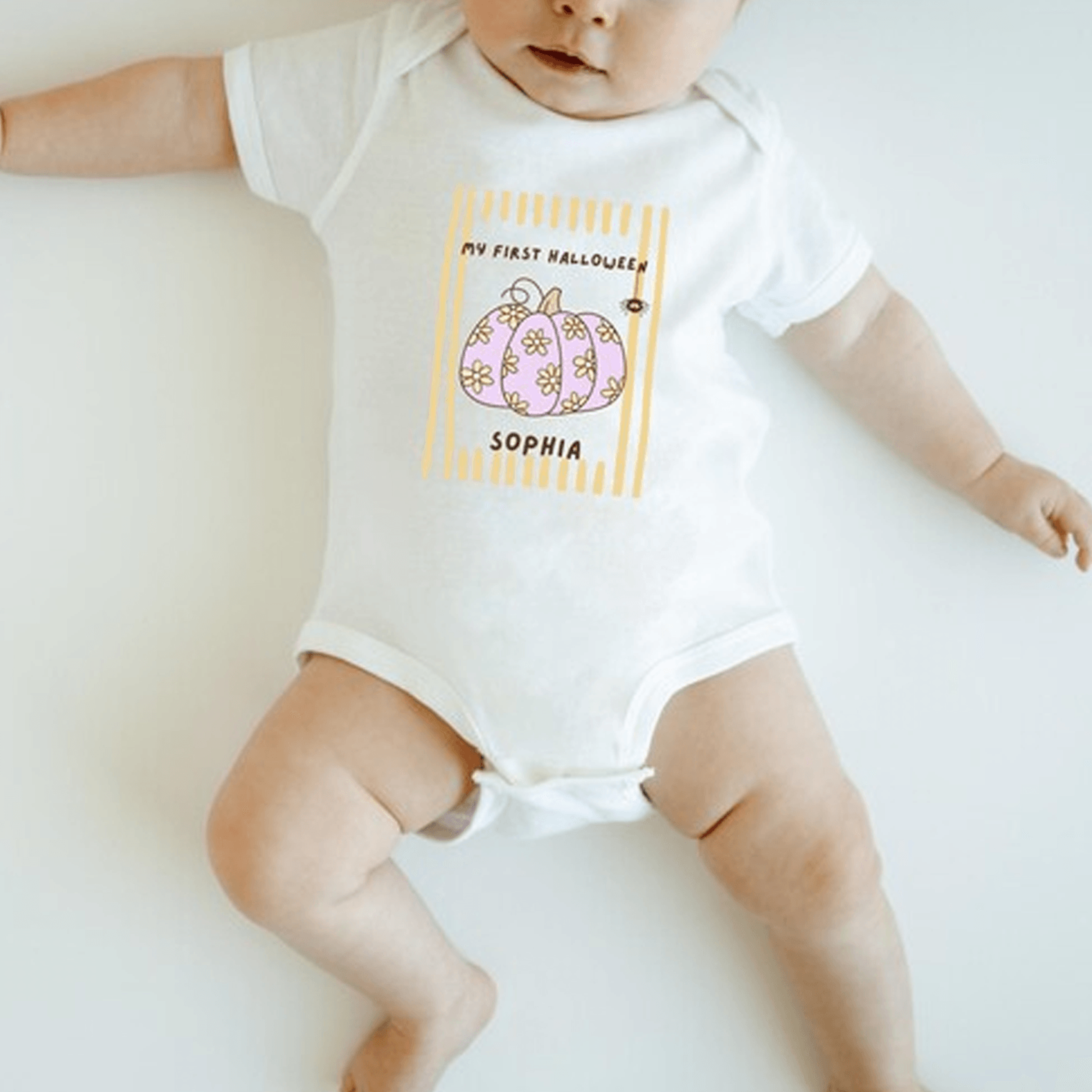 personalized first halloween baby bodysuit, custom name floral pumpkin onesie, my first halloween newborn baby gift