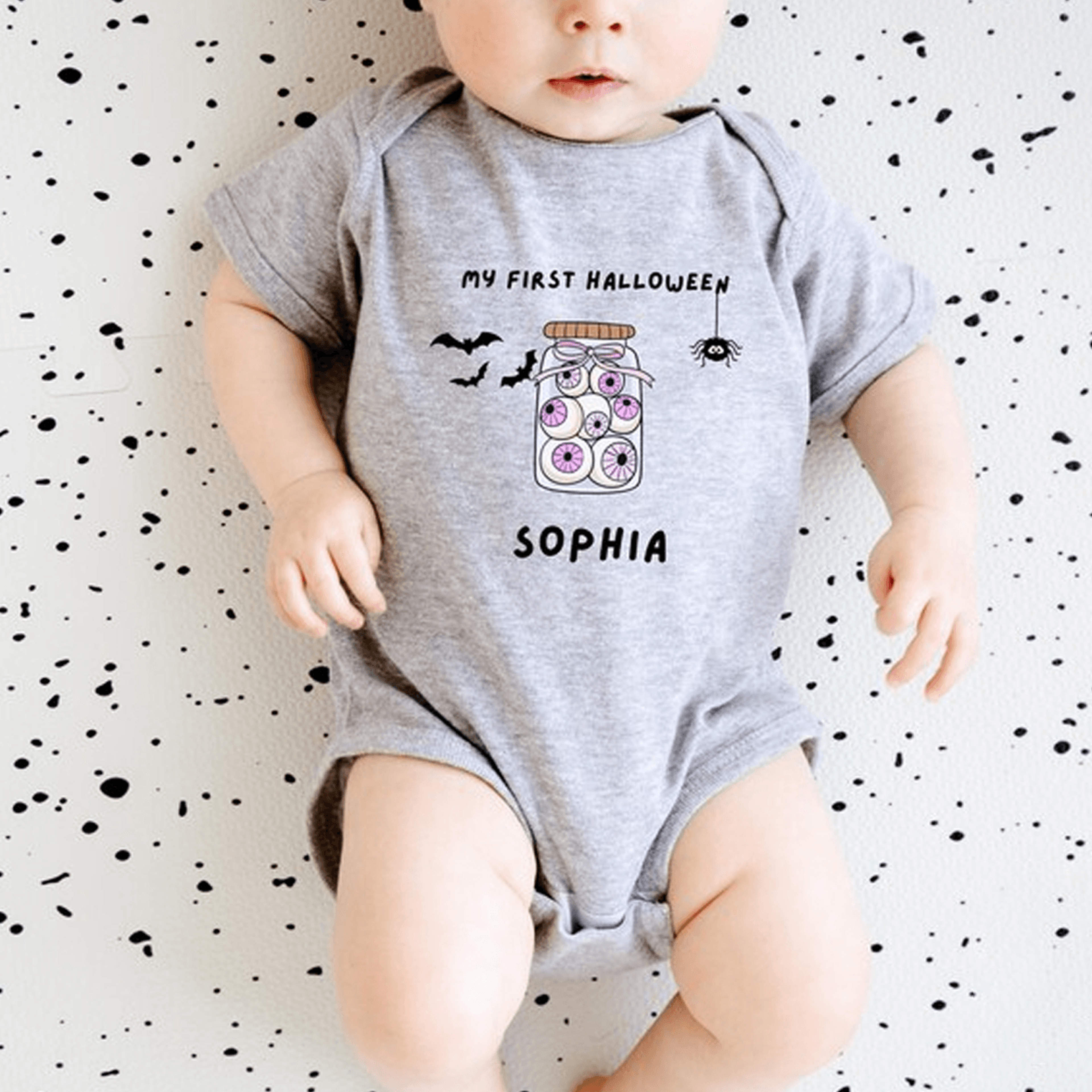 personalized first halloween baby bodysuit, custom name eyeball jar onesie, my first halloween newborn spooky baby gift