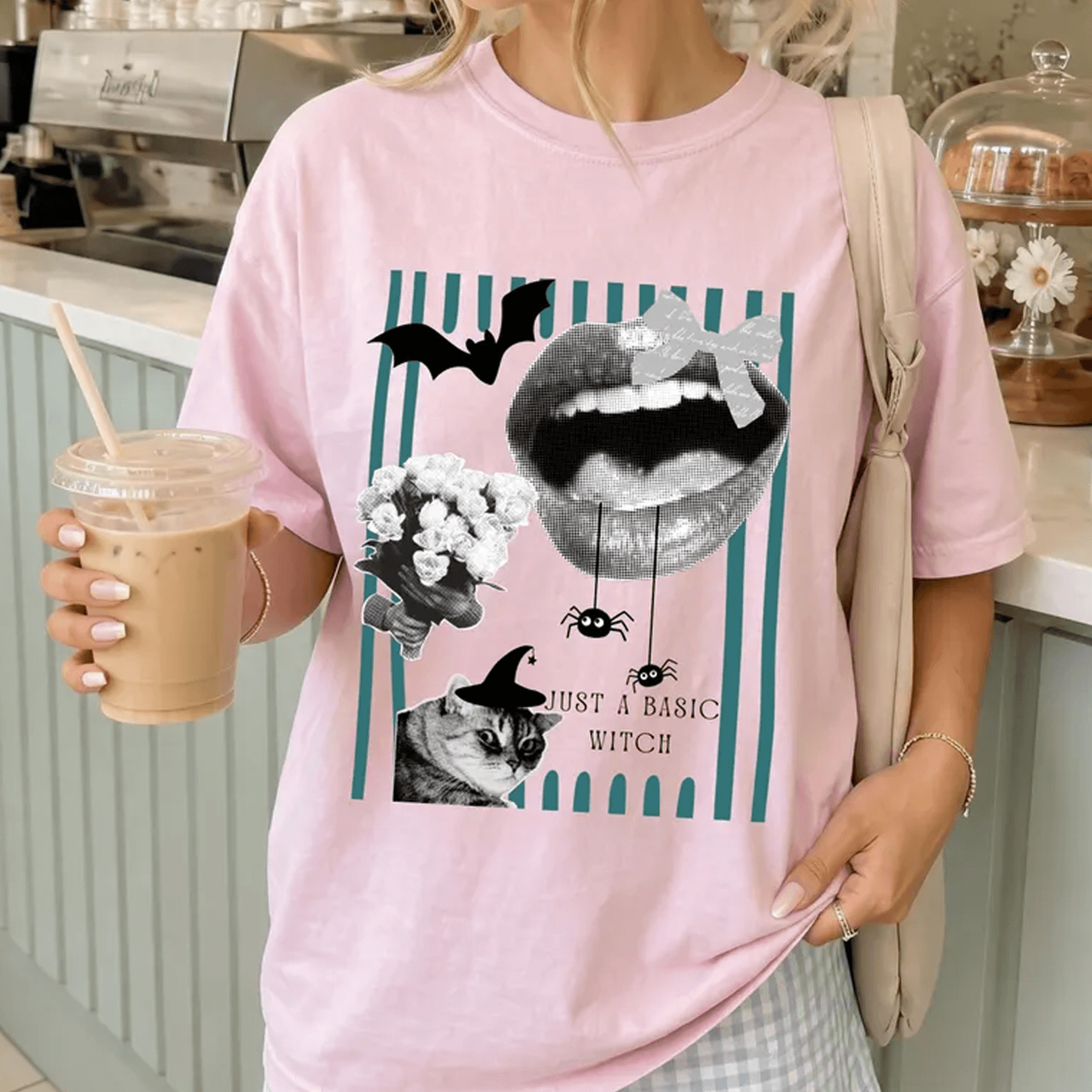 just a basic witch halloween shirt, witch cat graphic tee, retro spooky season comfort colors shirt, halloween gift