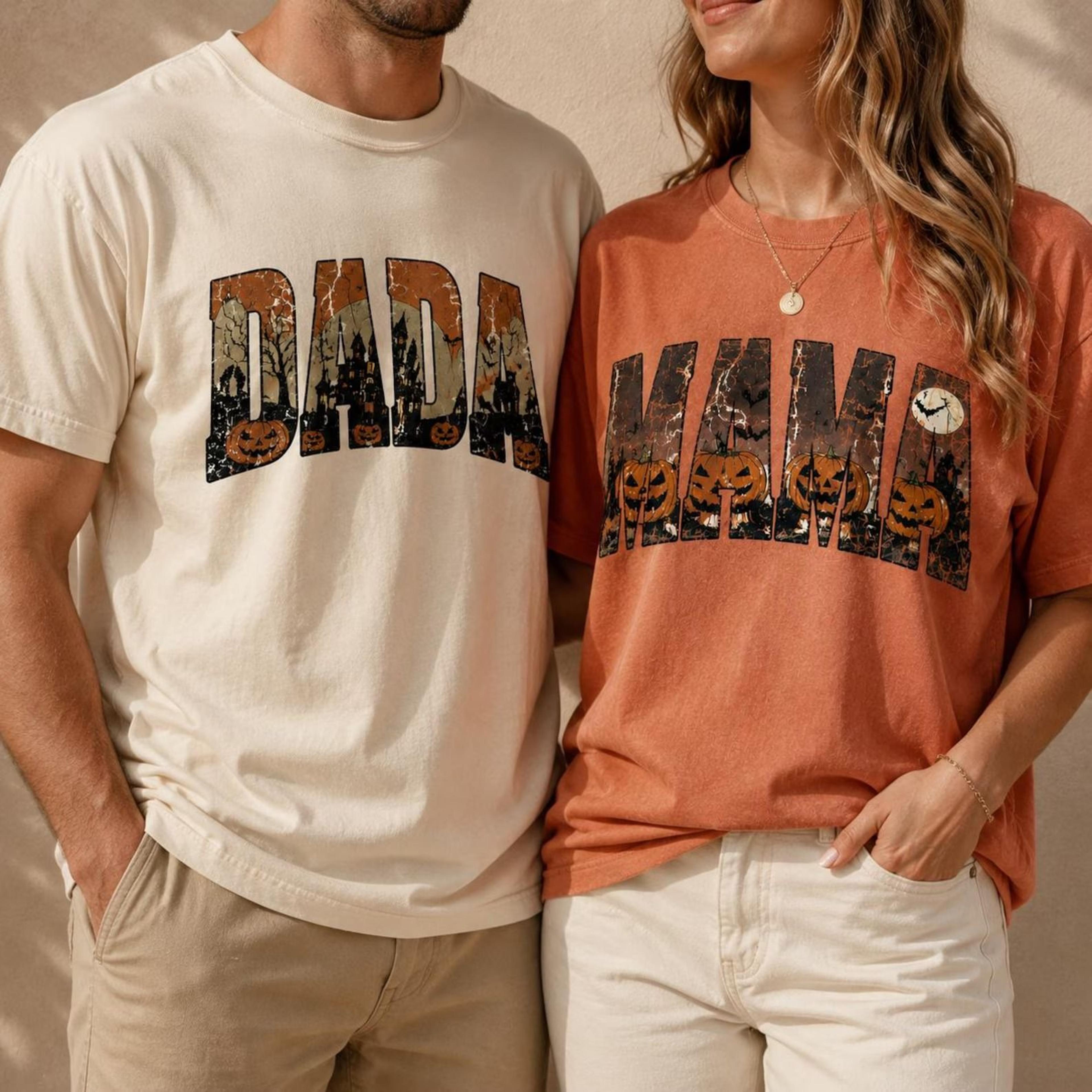 matching halloween dad mama shirts, retro pumpkin couple t shirts, spooky season fall outfit gift