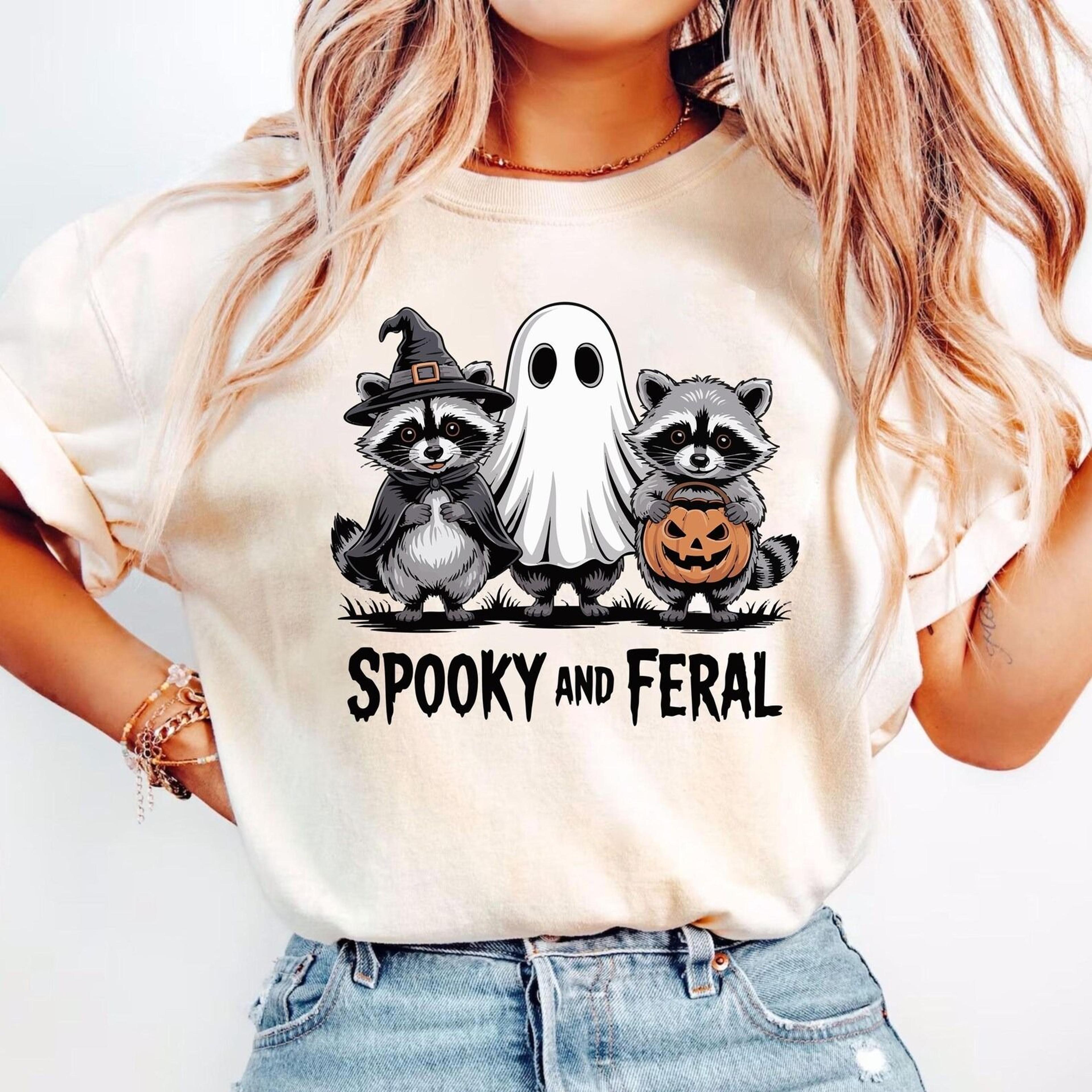 spooky and feral raccoon halloween shirt, cute ghost pumpkin tee, funny spooky season t shirt