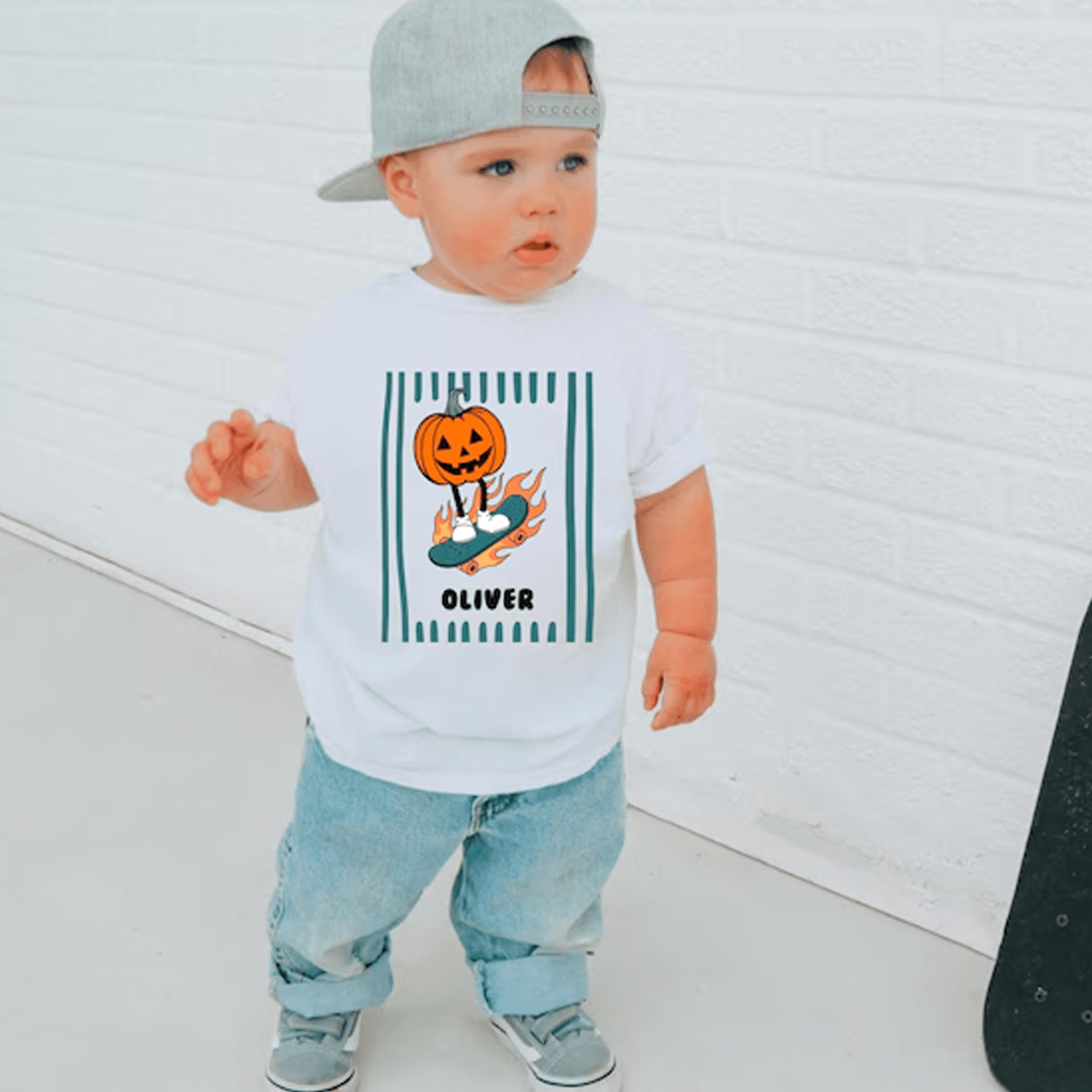 personalized pumpkin dude halloween shirt, custom name skateboard pumpkin toddler tee, retro spooky kids fall outfit