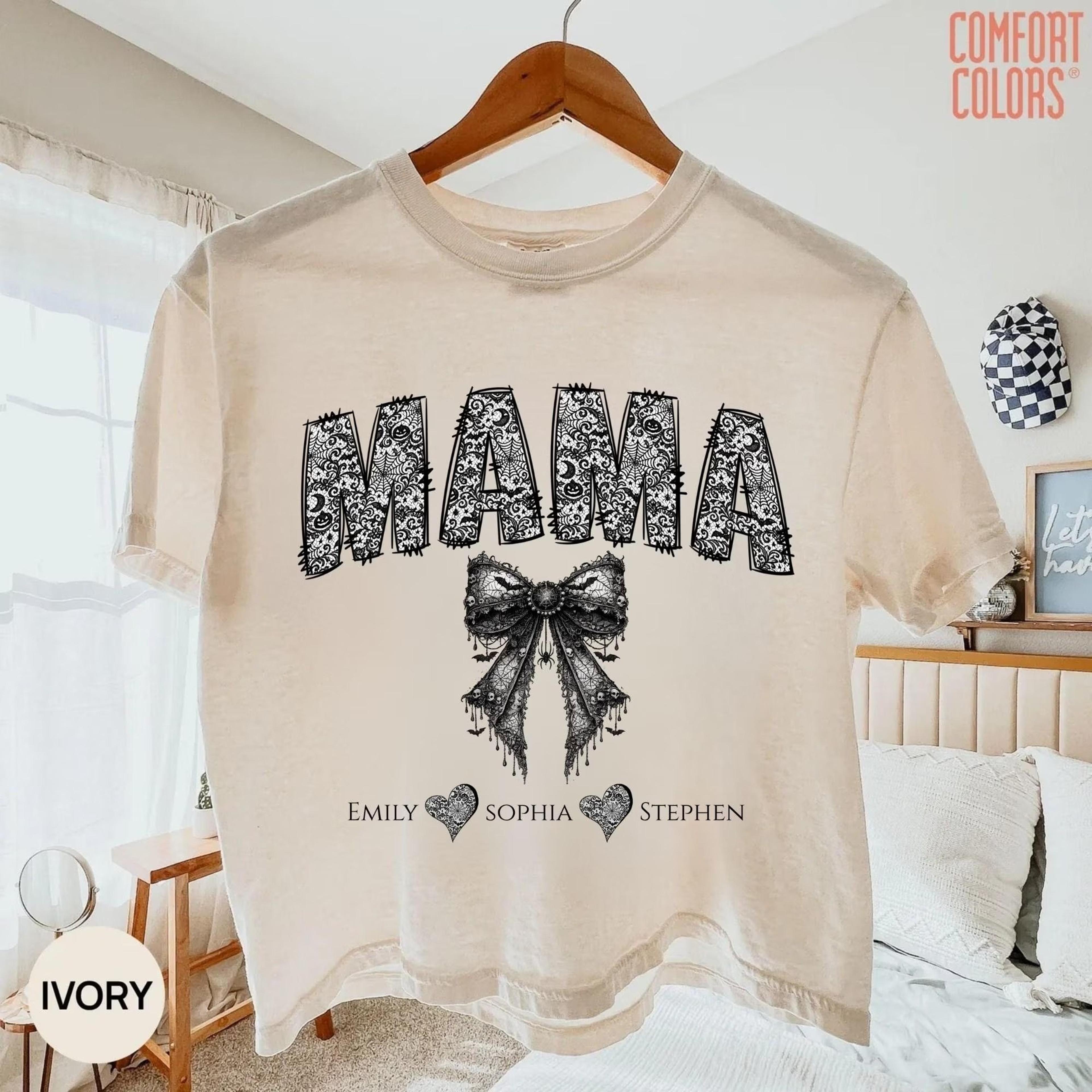 custom mama shirt with kids names, vintage bow mama tee, personalized mom shirt gift, comfort colors tee