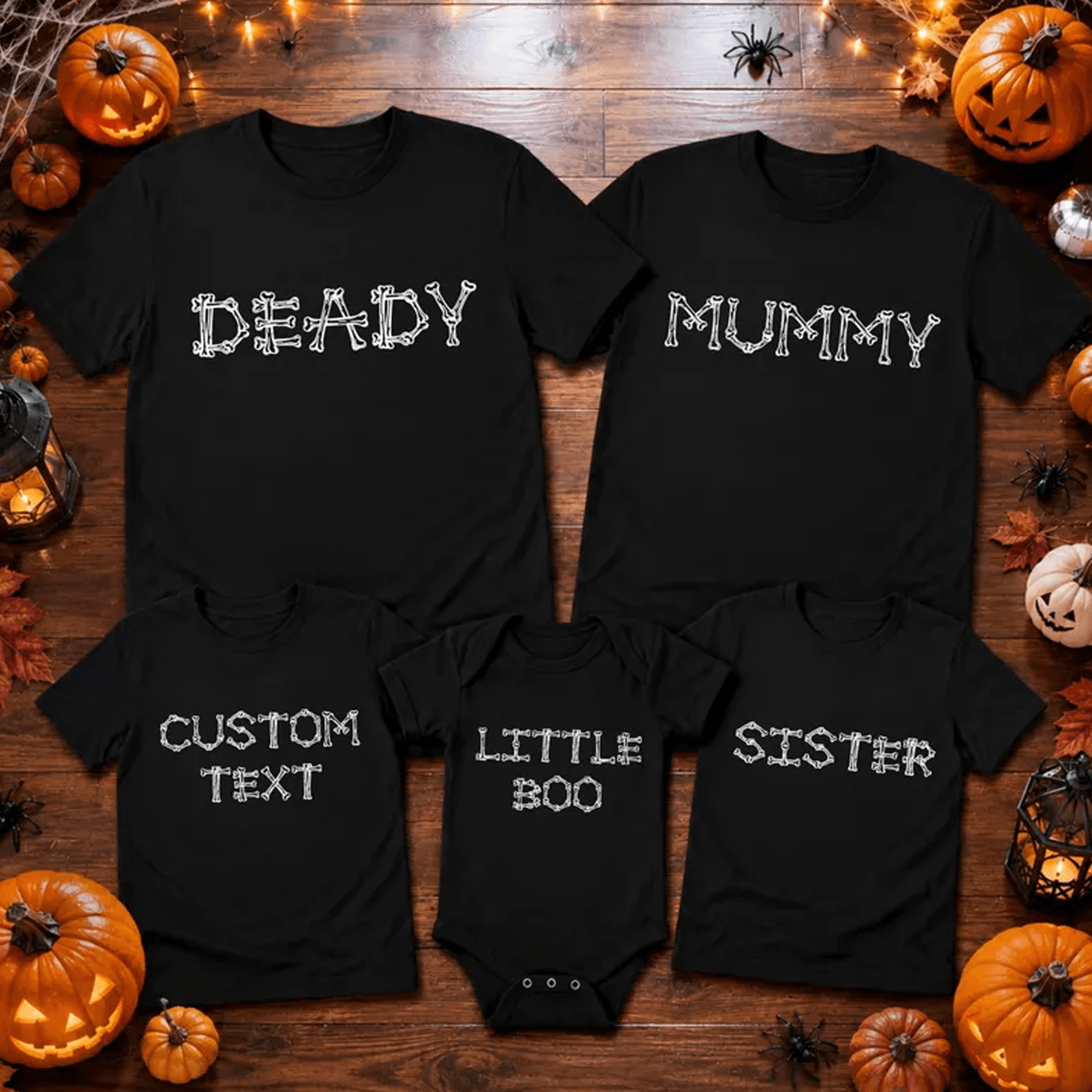 personalized skeleton halloween shirts, custom family bone name tees, matching spooky season outfit, trick or treat gift