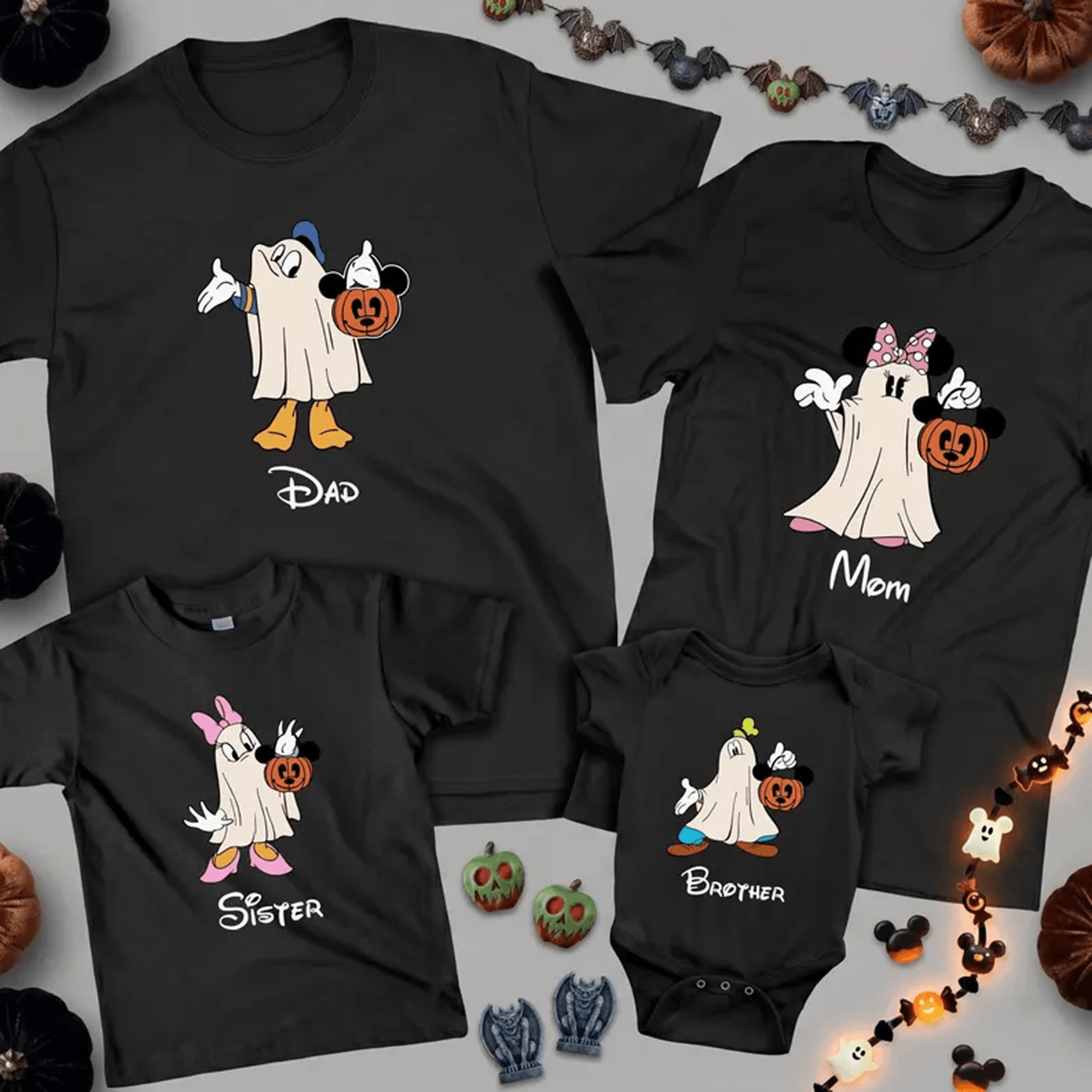 family halloween matching ghost shirts, personalized character tees, custom mom dad kids spooky theme park vacation outf