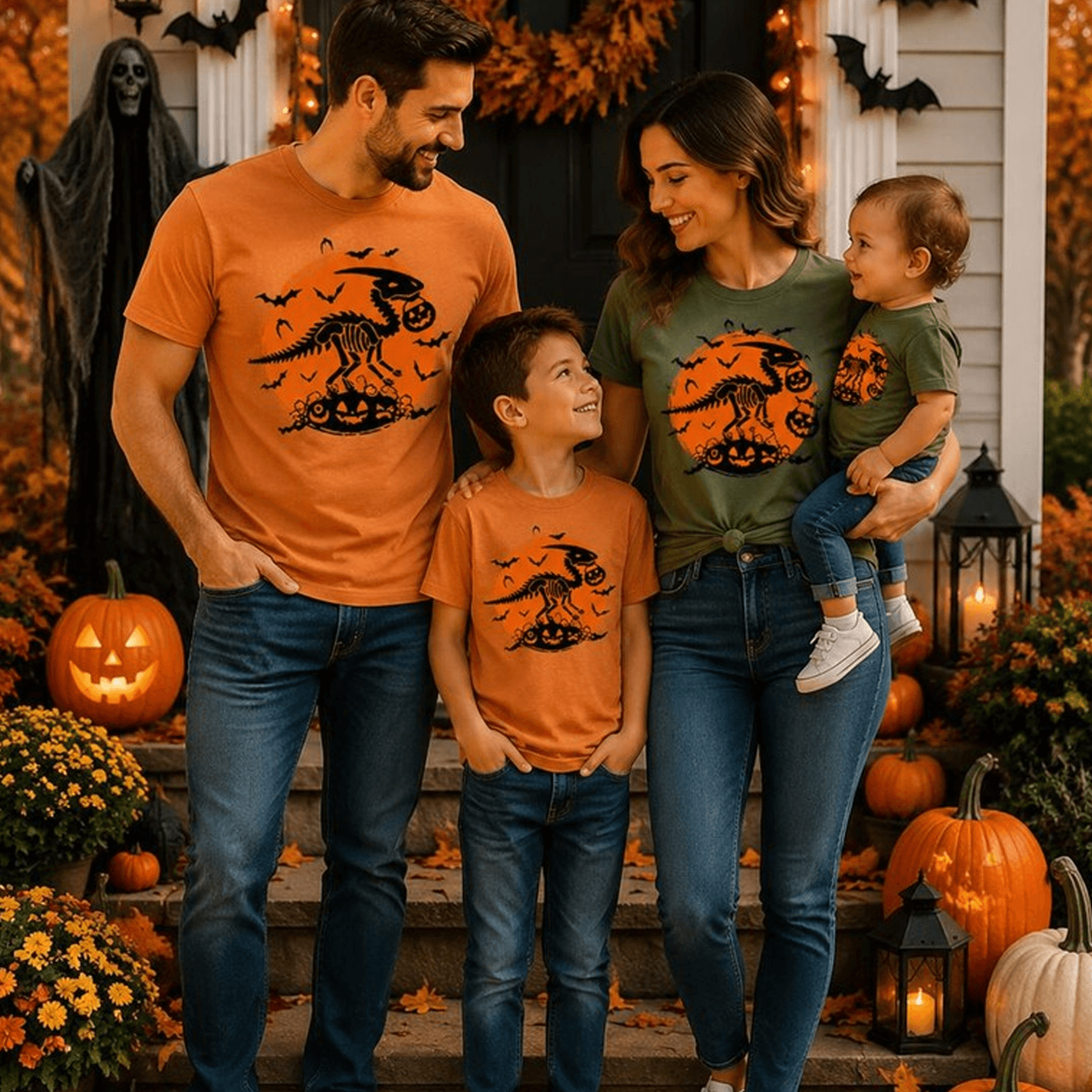 halloween dinosaur skeleton family shirts, matching t rex spooky tees, mommy daddy baby trick or treat outfit, dino gift