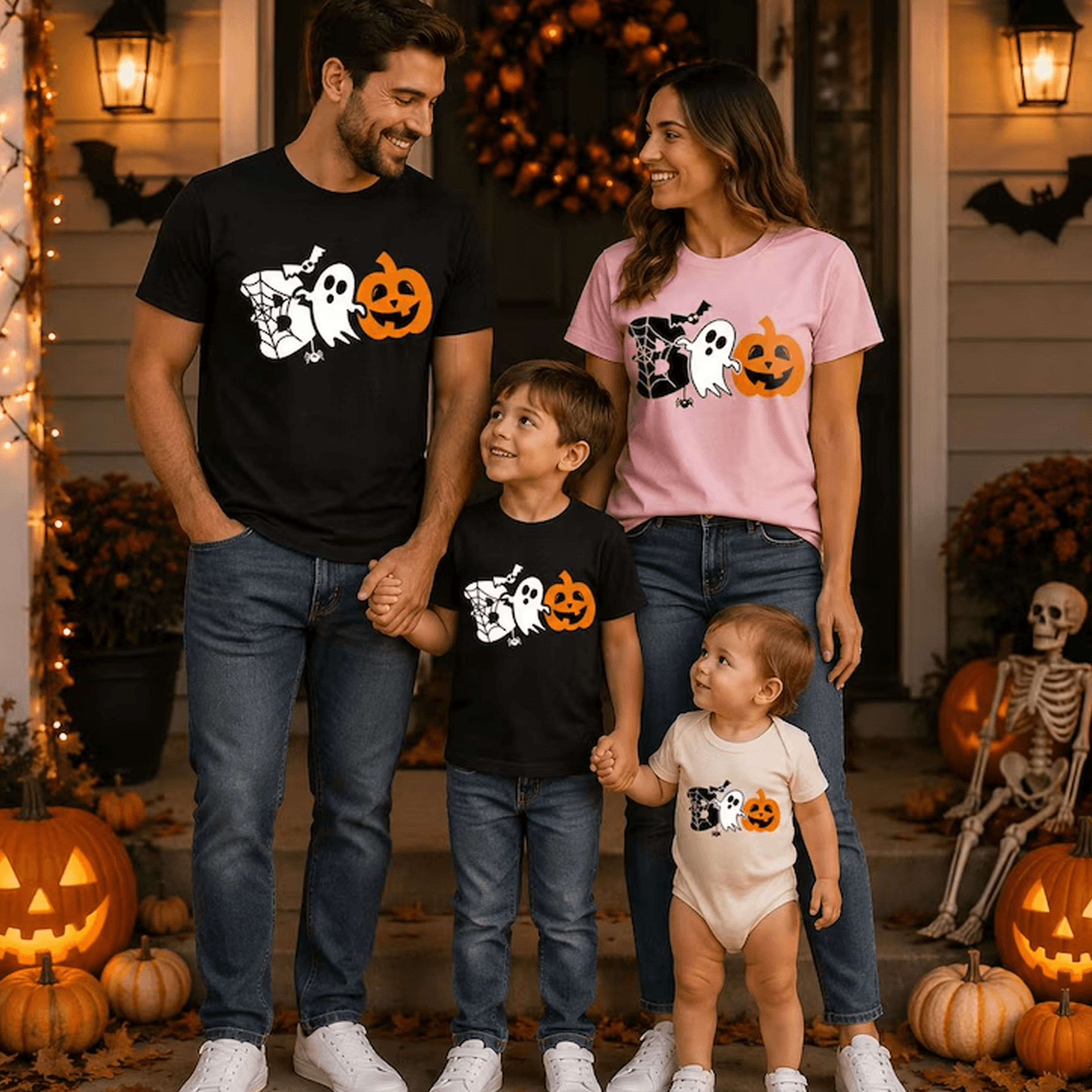 halloween family matching shirts, ghost pumpkin boo tees, mom dad kids spooky season outfit, trick or treat fall shirts