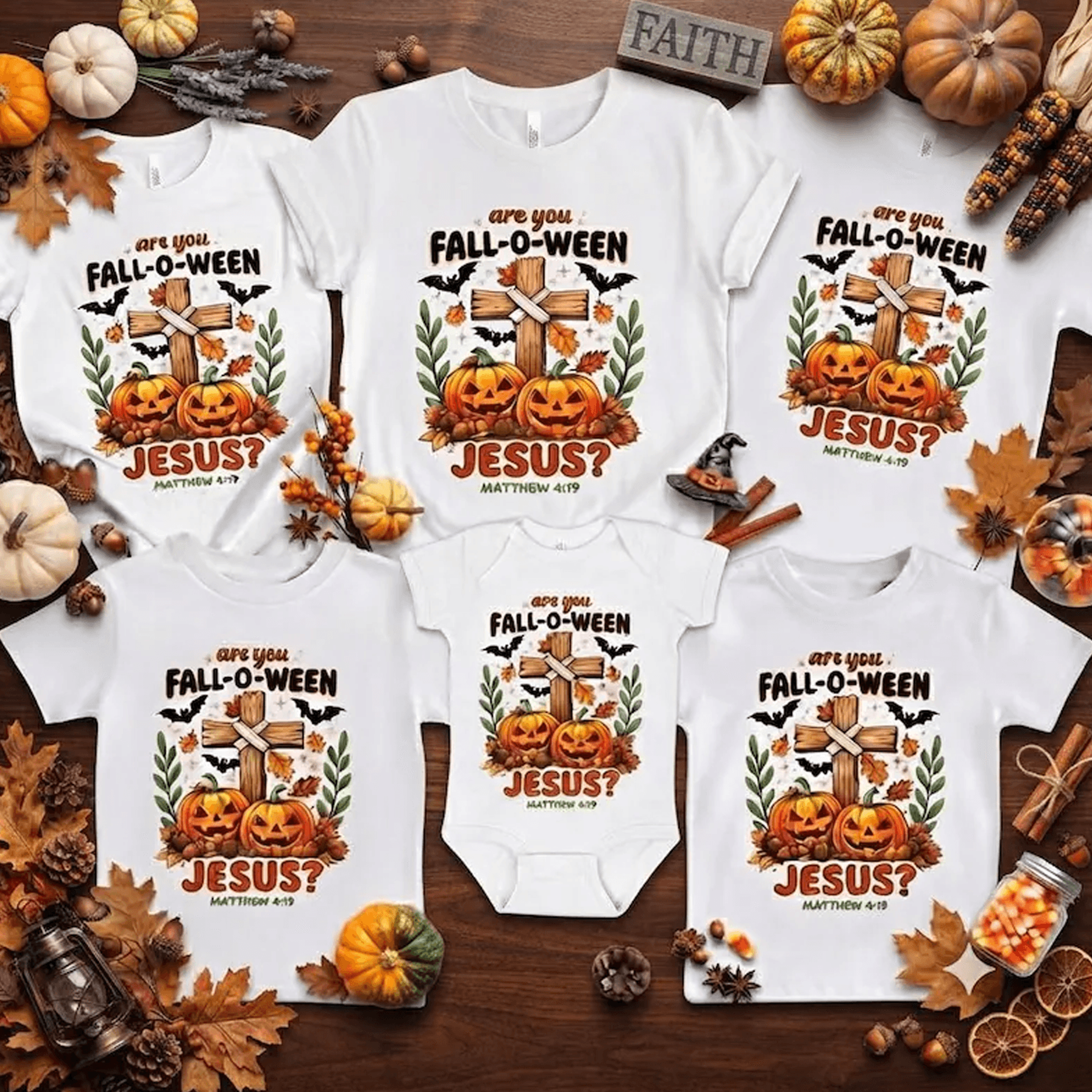 fall-o-ween jesus family shirts, christian halloween pumpkin tees, matthew 4:19 faith based fall matching family outfit