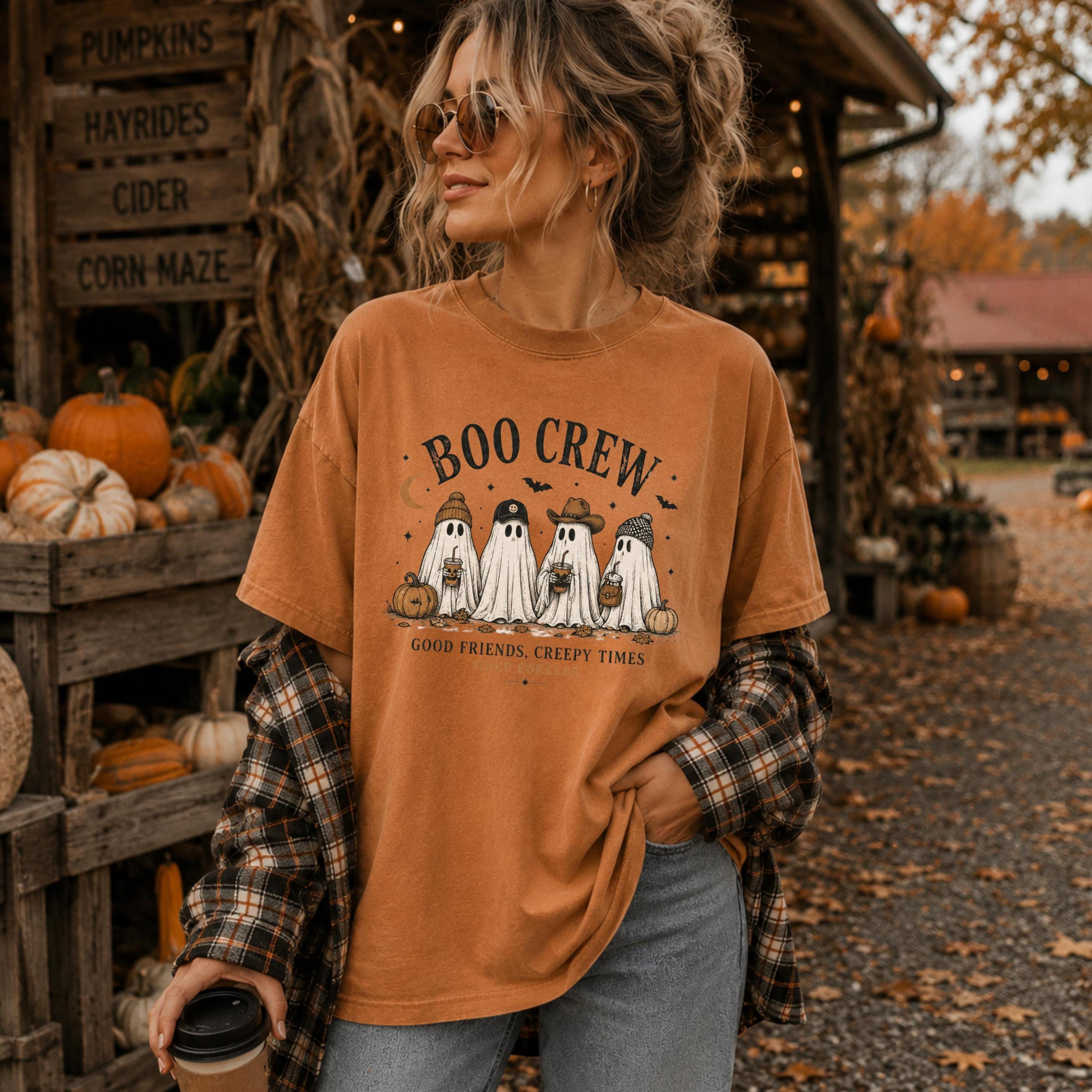 vintage boo crew halloween shirt, retro ghost comfort colors tee, spooky season fall shirt, matching friends halloween g