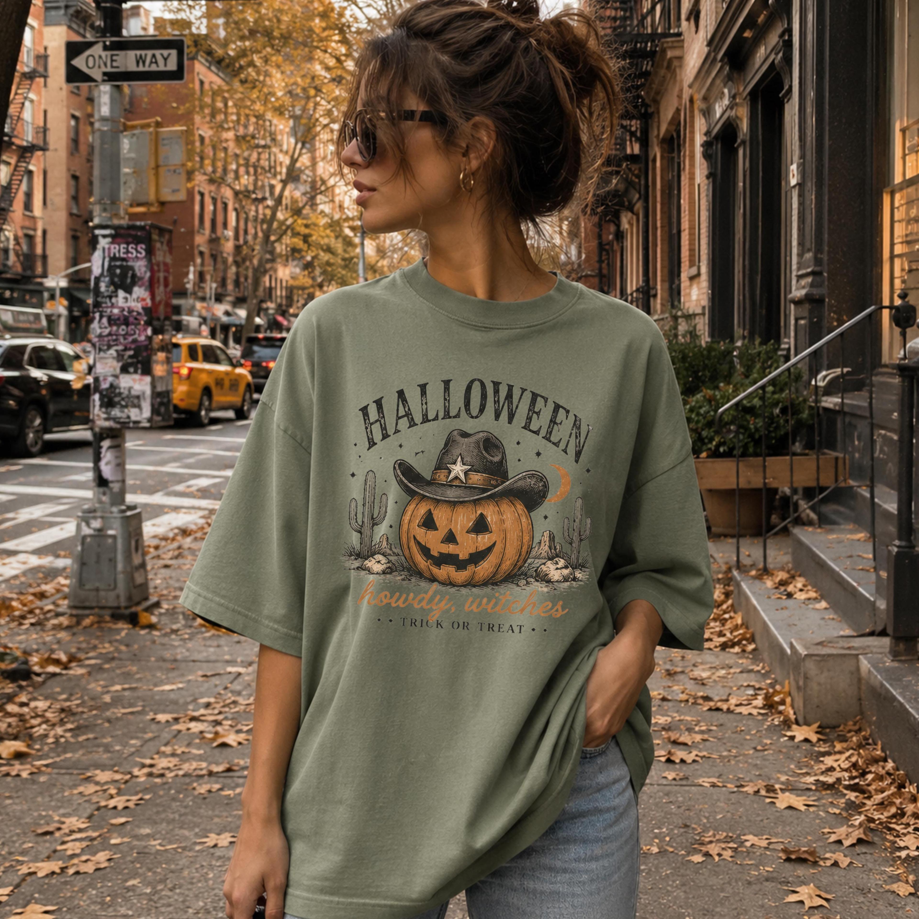western halloween pumpkin cowboy shirt, howdy witches comfort colors tee, retro spooky season cowgirl fall graphic shirt