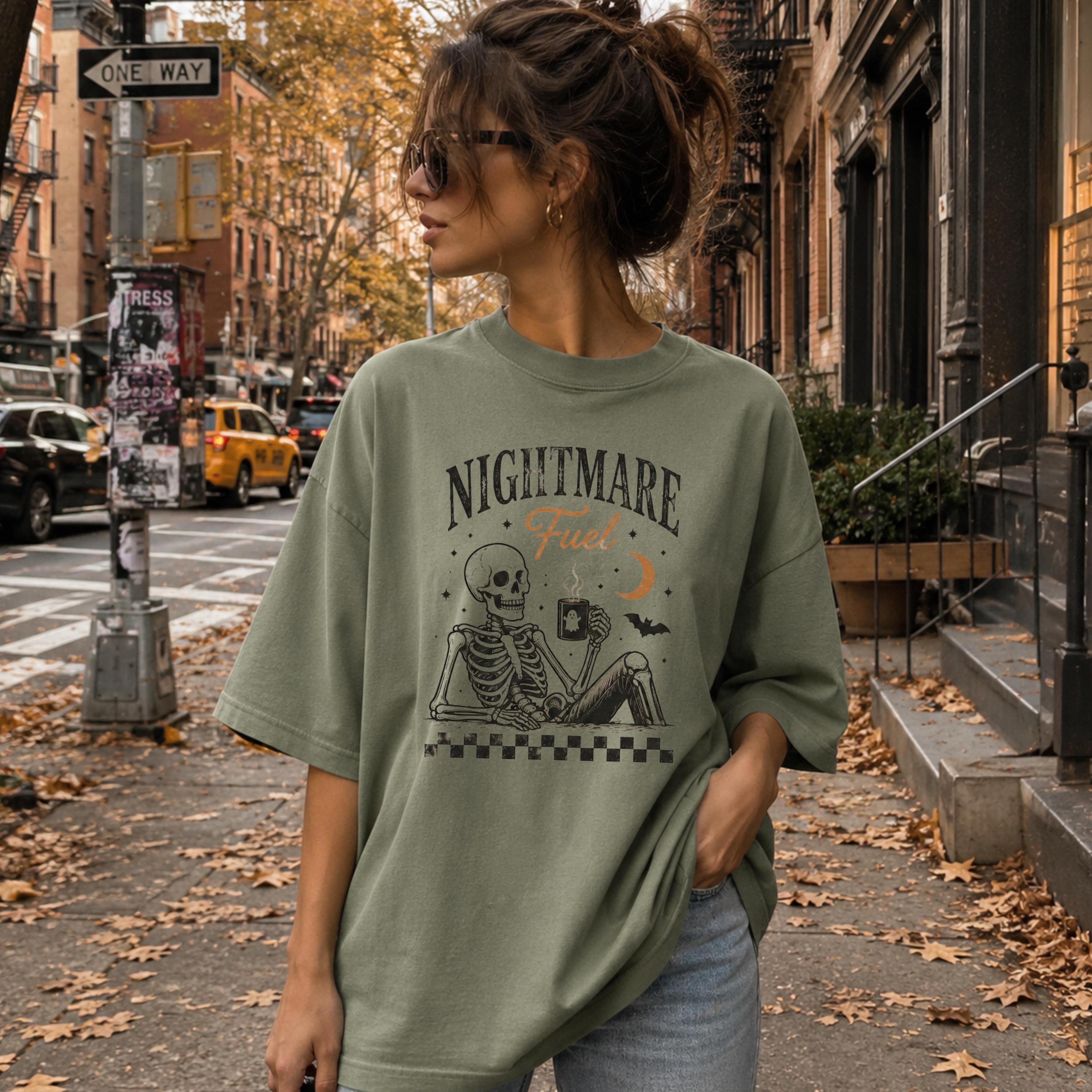 funny skeleton nightmare fuel shirt, halloween coffee comfort colors tee, vintage spooky season skeleton graphic fall sh