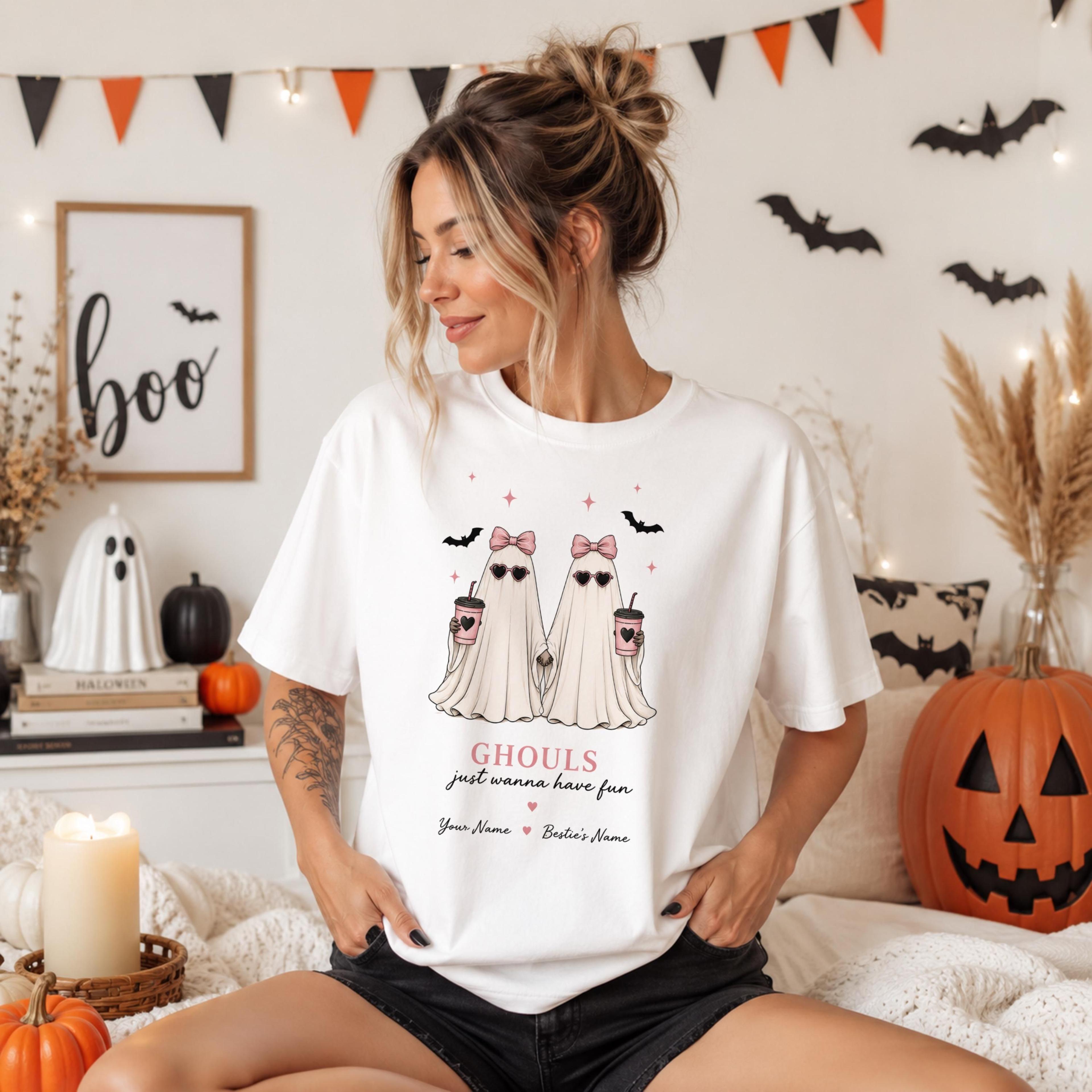 personalized halloween bestie shirts, ghouls just wanna have fun ghost tee, matching best friend comfort colors hallowee