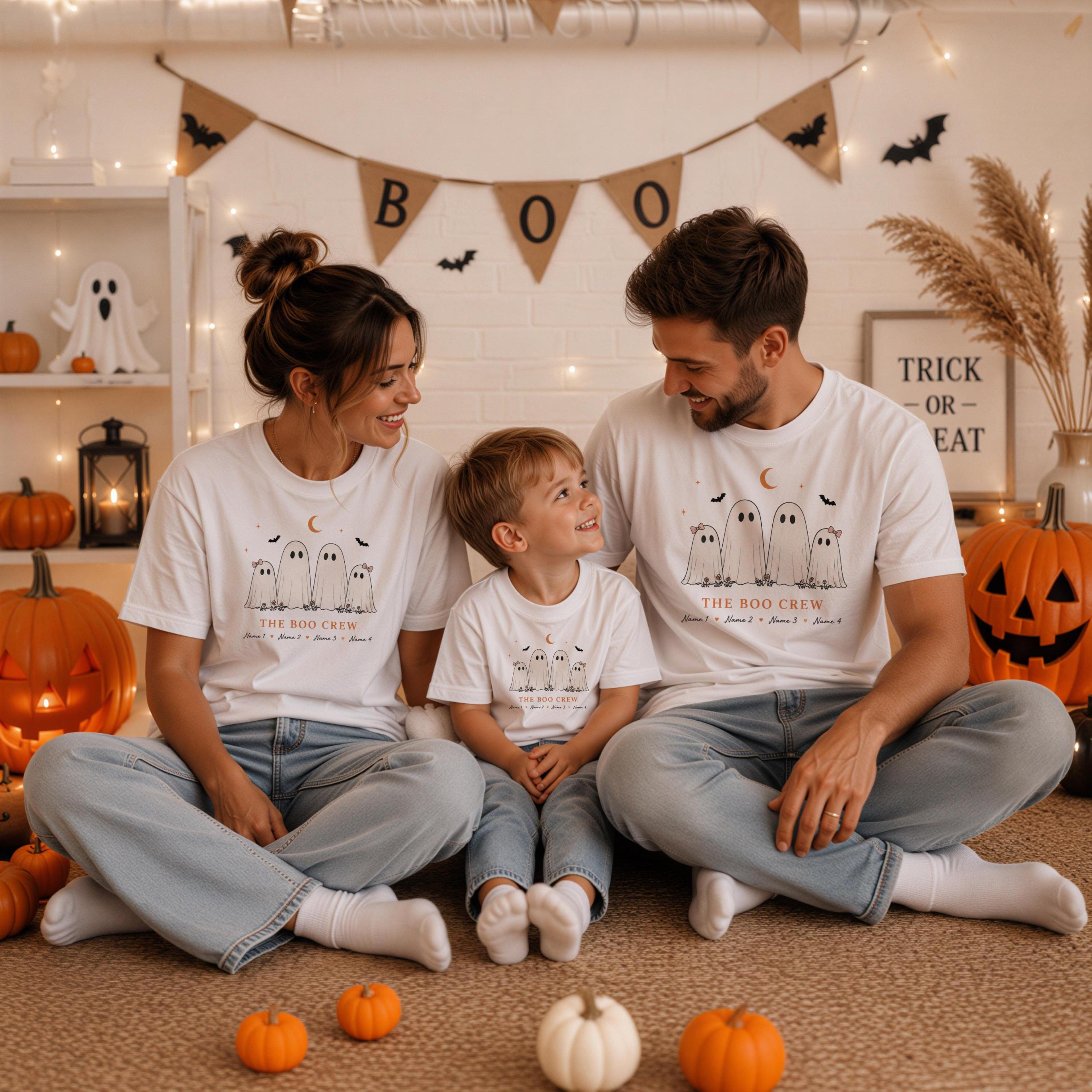 personalized boo crew family halloween shirt, custom ghost name comfort colors tee, matching spooky family halloween gif