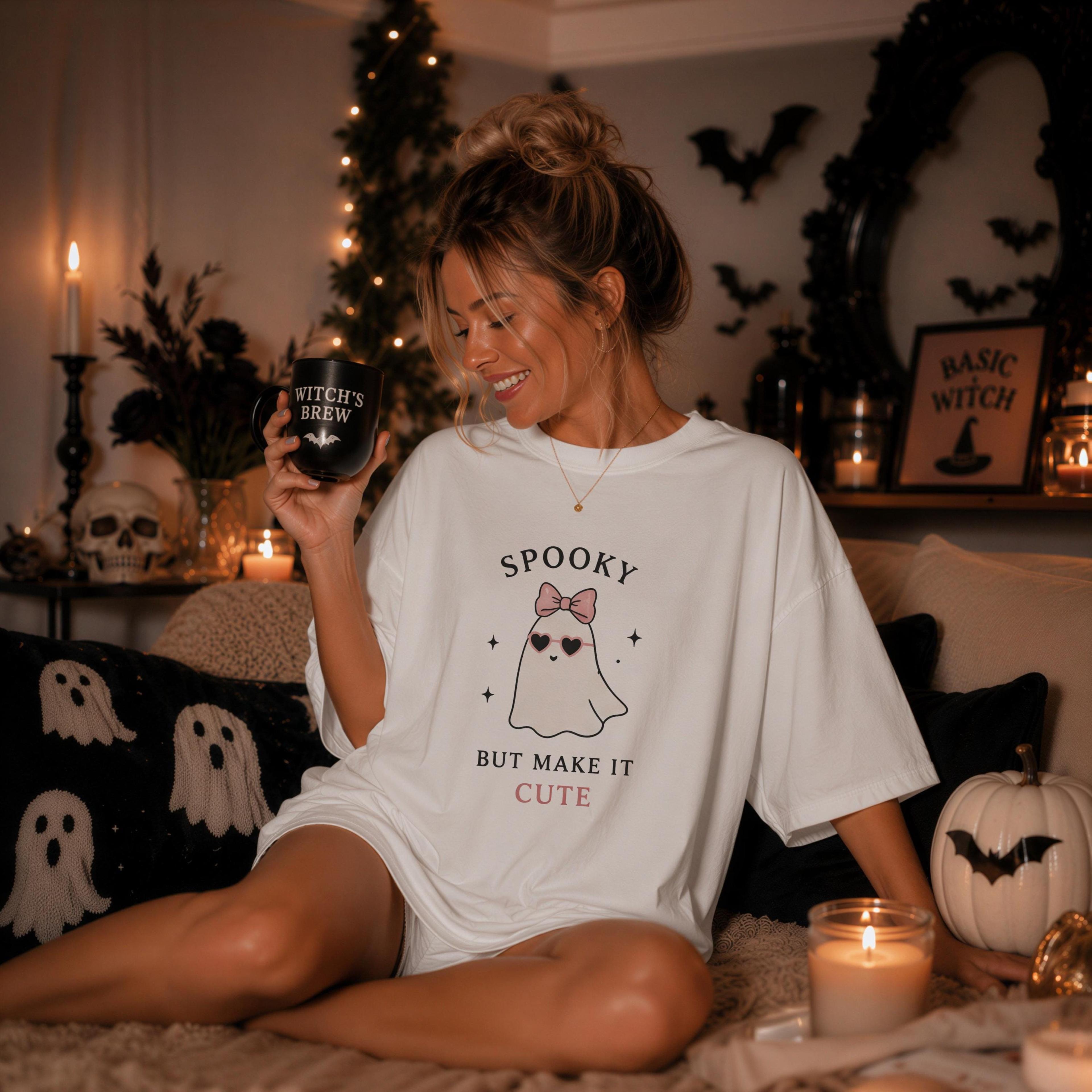 spooky but make it cute halloween shirt, pink bow ghost comfort colors tee, girly spooky season fall shirt, ghost lover
