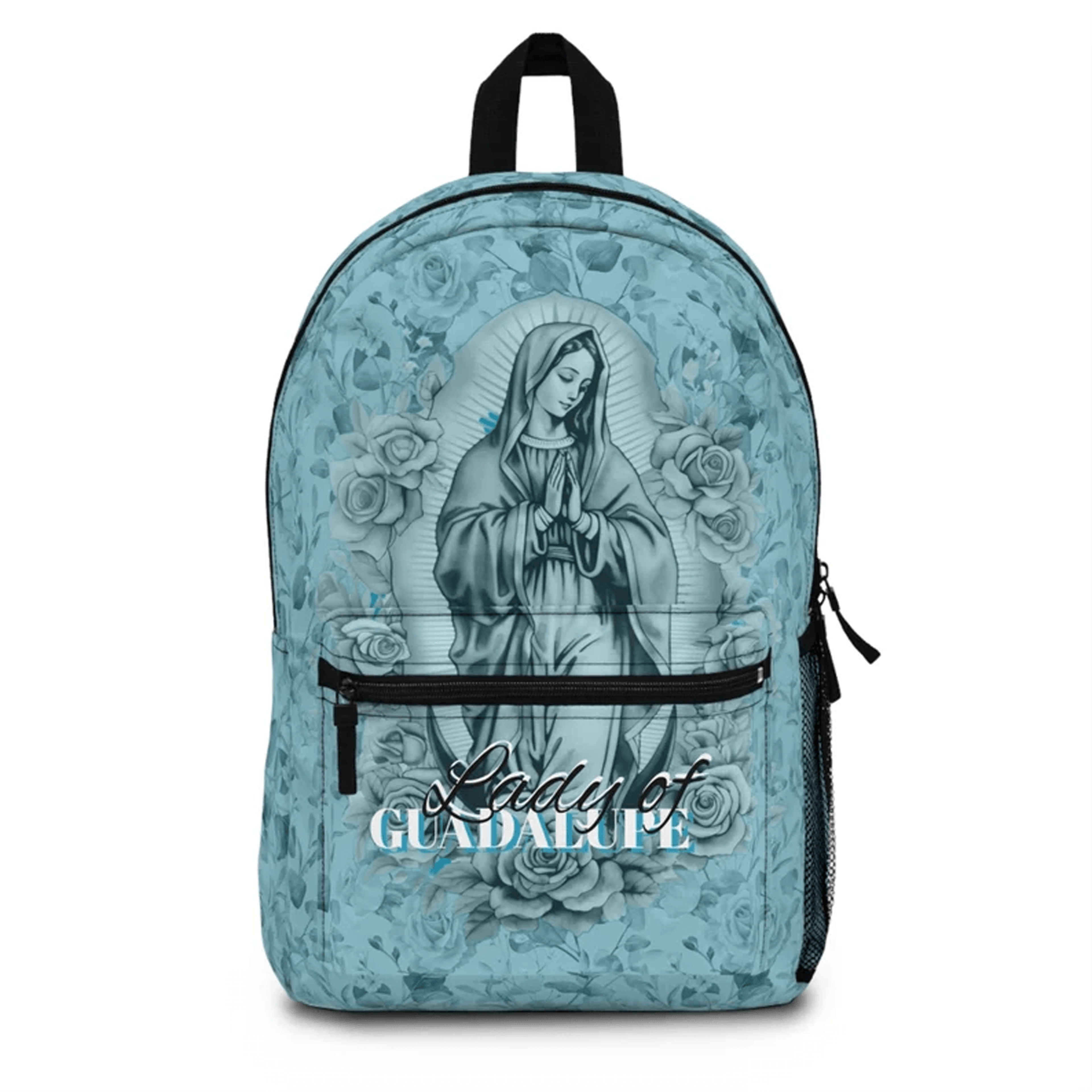 our lady of guadalupe catholic backpack, marian mass bag, virgin mary school backpack, catholic teacher confirmation gif