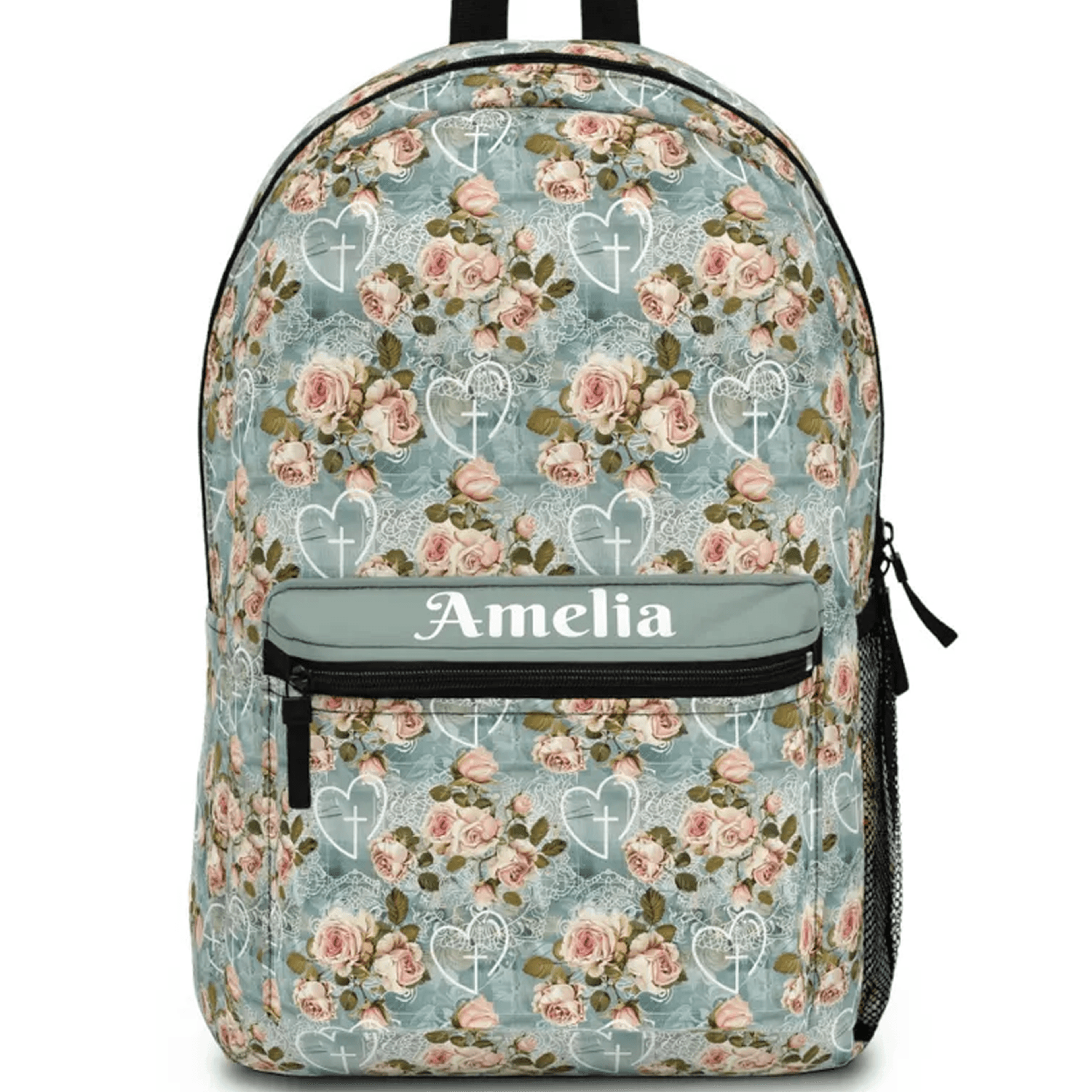 personalized christian rose backpack, custom name catholic school bag, confirmation gift for teen girl, teacher & mom