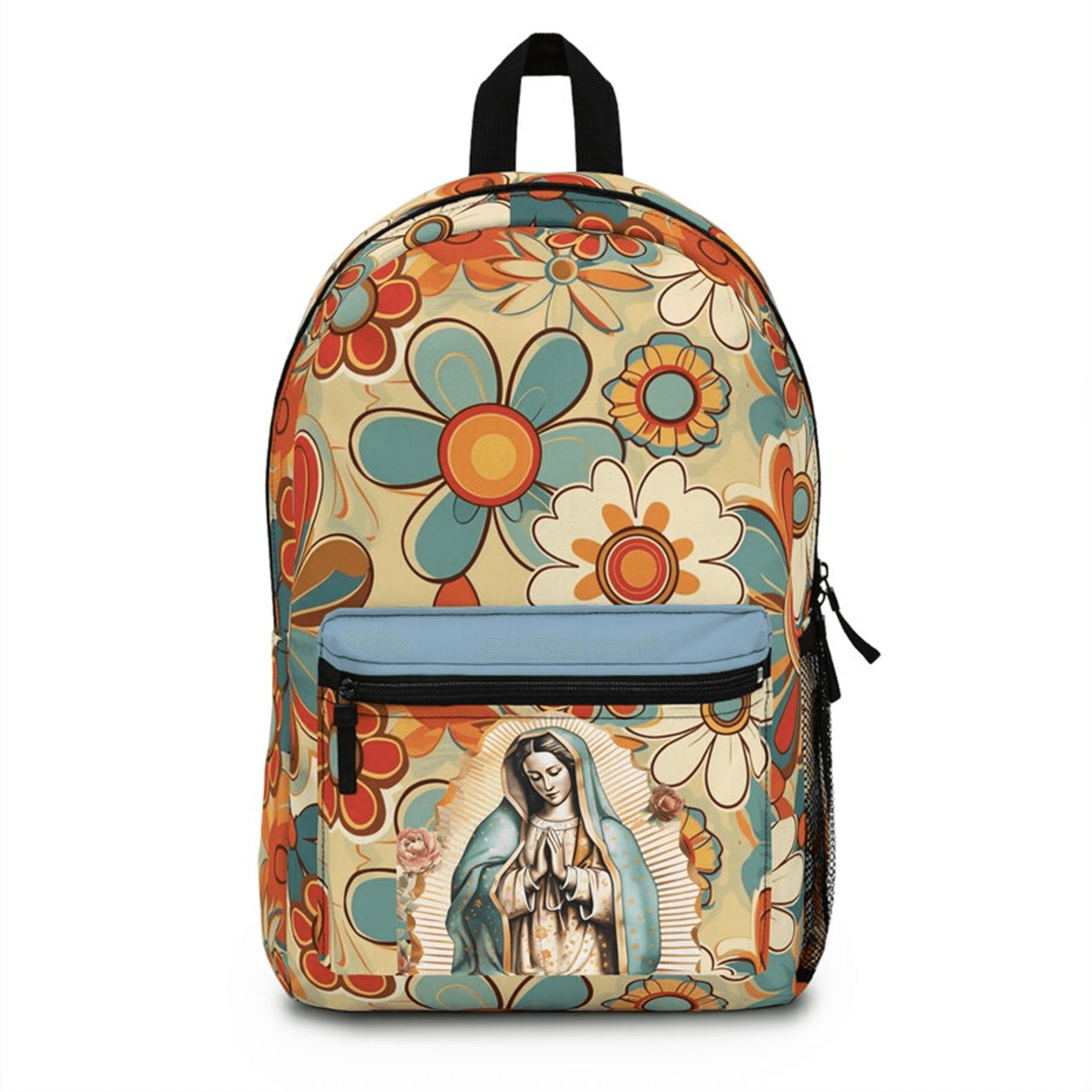 retro floral catholic marian backpack, our lady of guadalupe mass bag, confirmation gift for catholic mom, teen & teache