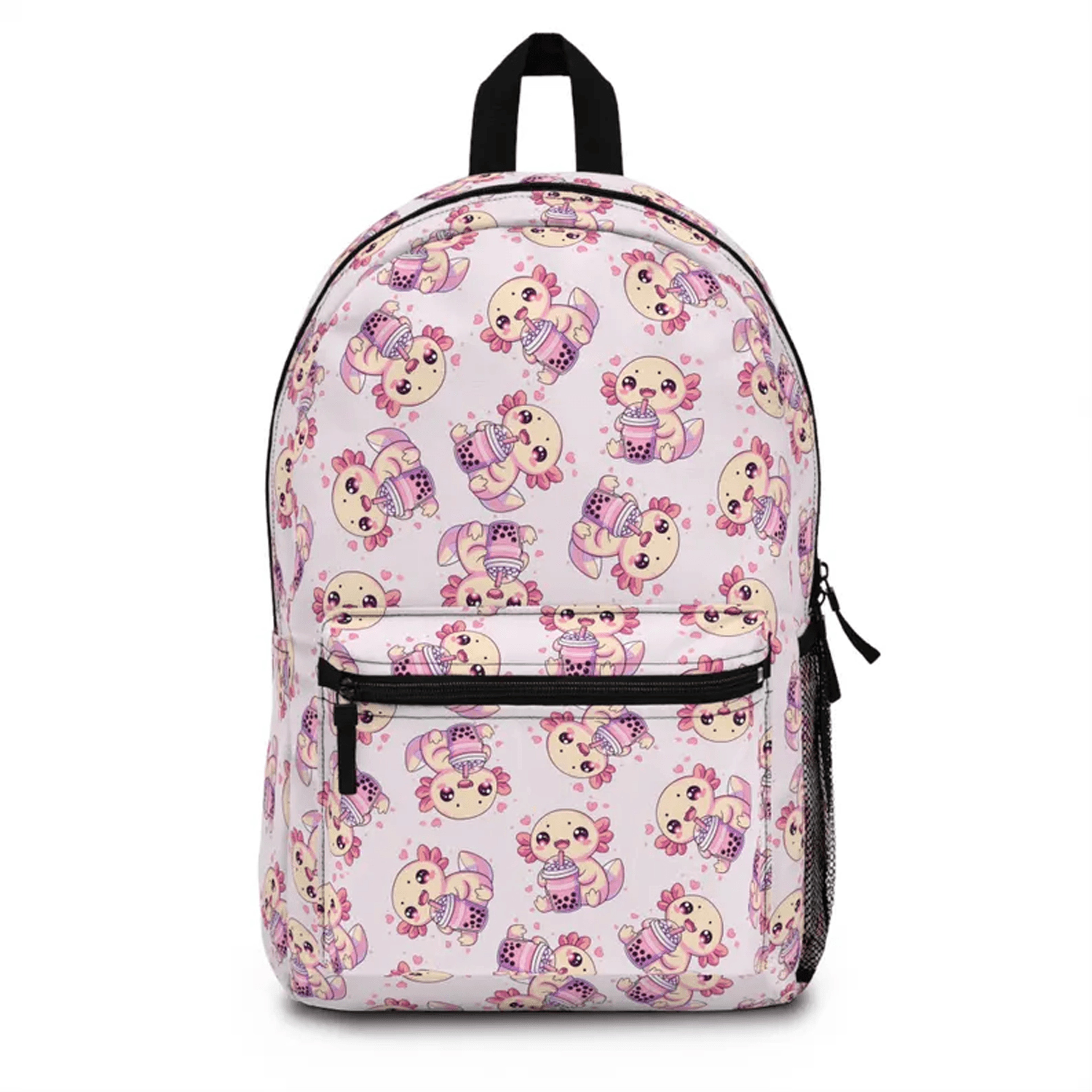 kawaii axolotl bubble tea backpack, personalized pink boba school bag, cute kids & teens bookbag, axolotl lover gift