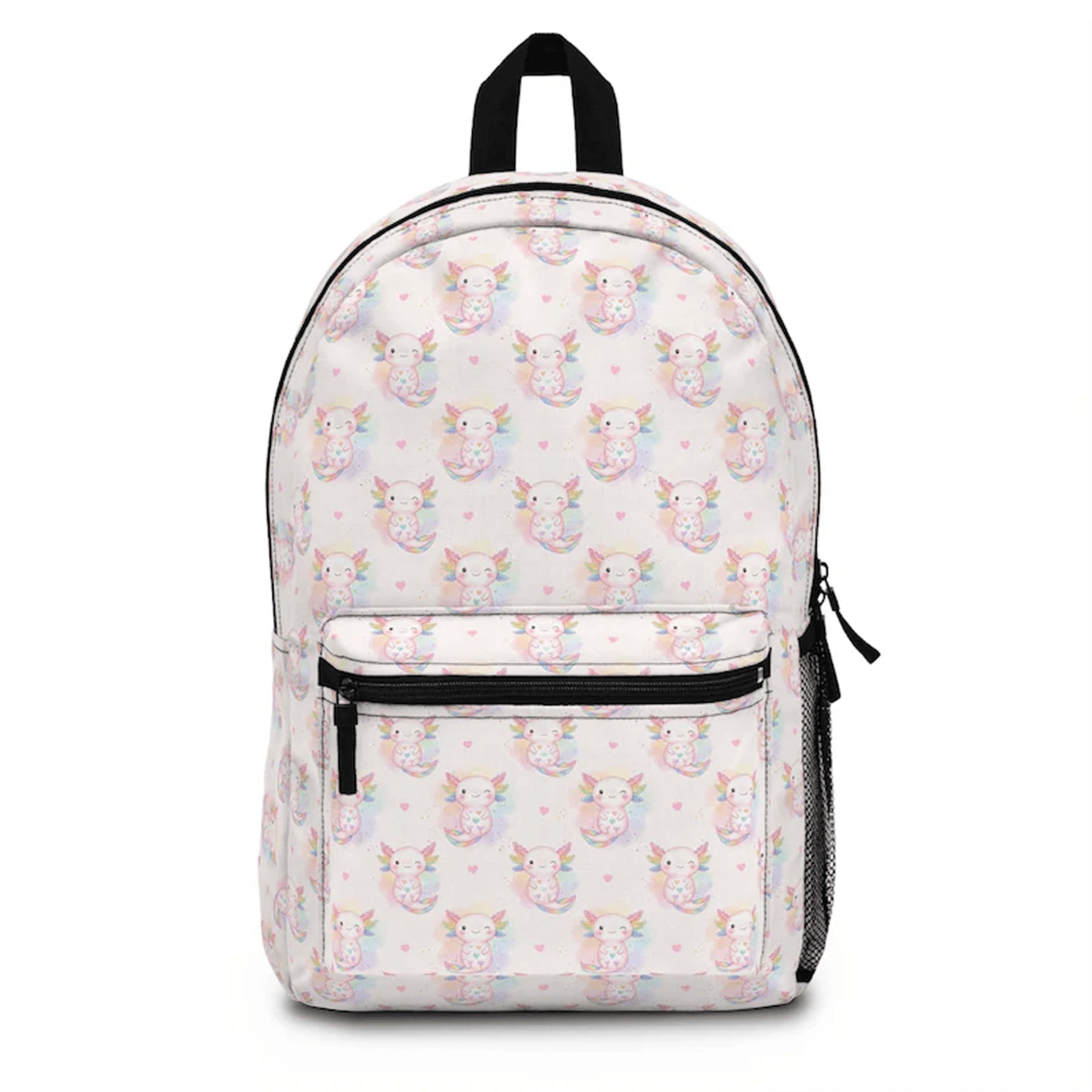 cute rainbow axolotl backpack for girls, personalized kawaii school bag, kids bookbag, pastel back to school gift