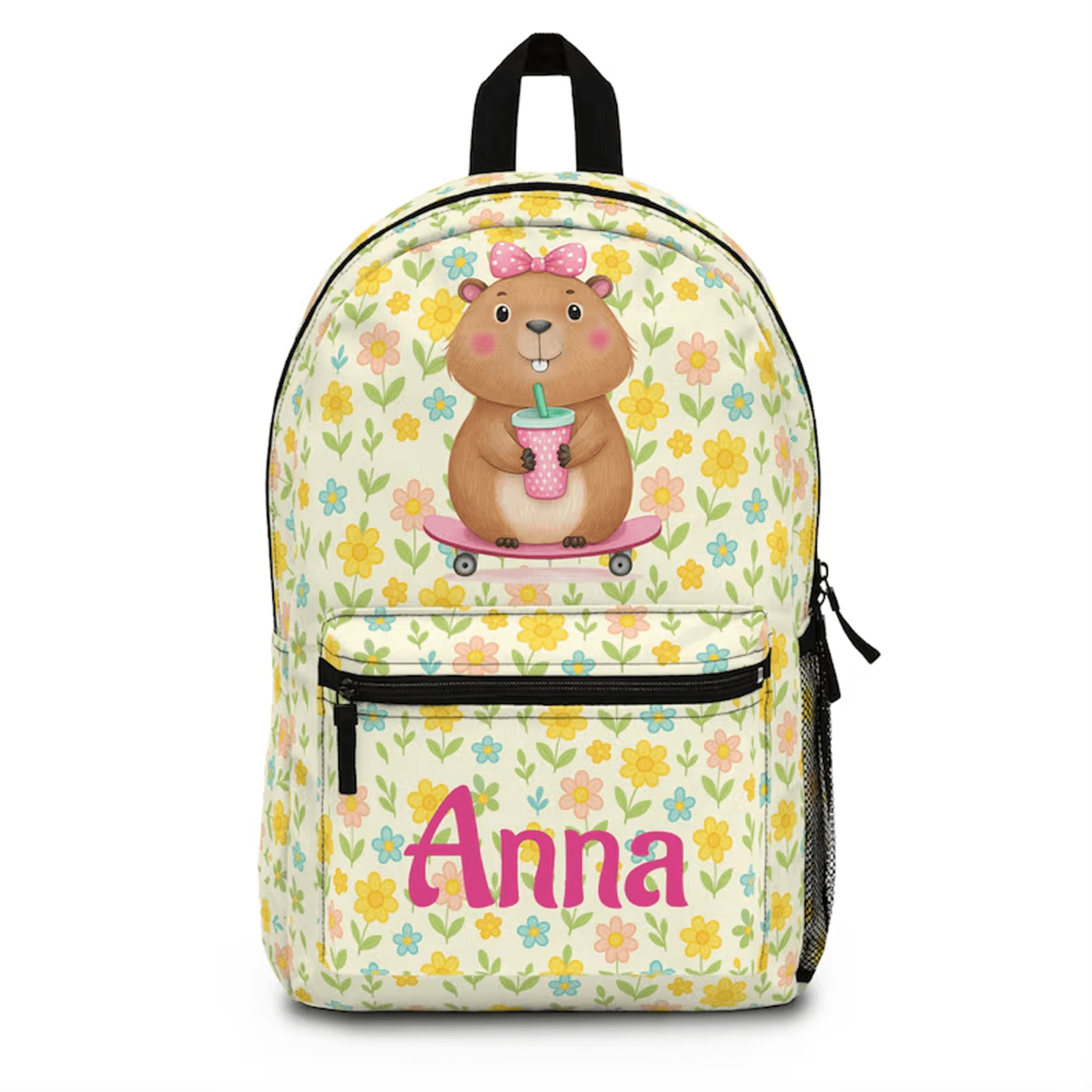 pastel floral backpack, yellow pink spring flower school bag, personalized laptop bookbag, cute travel gift for her