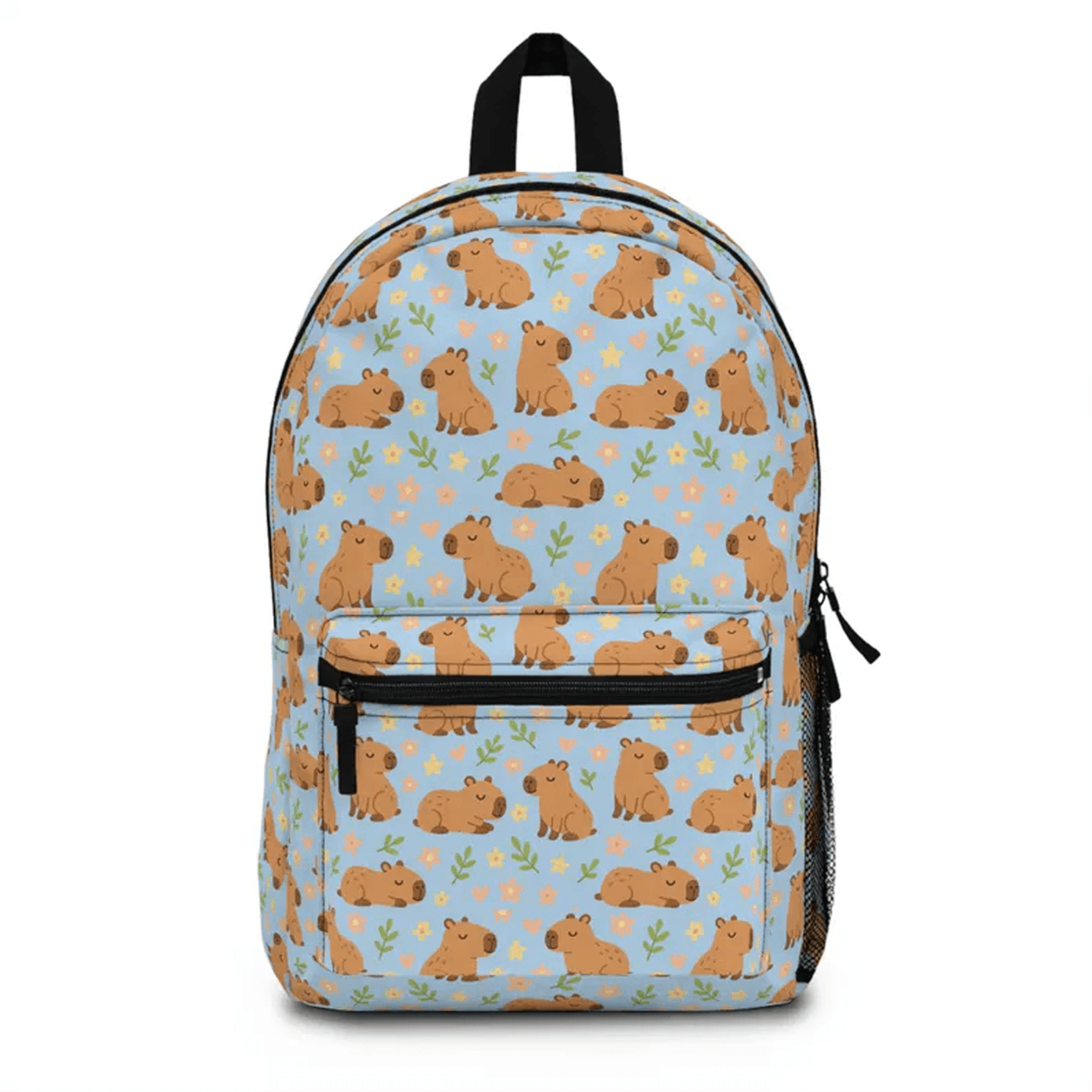 blue capybara floral backpack, cute kawaii school bag, personalized kids bookbag, back to school gift for animal lovers