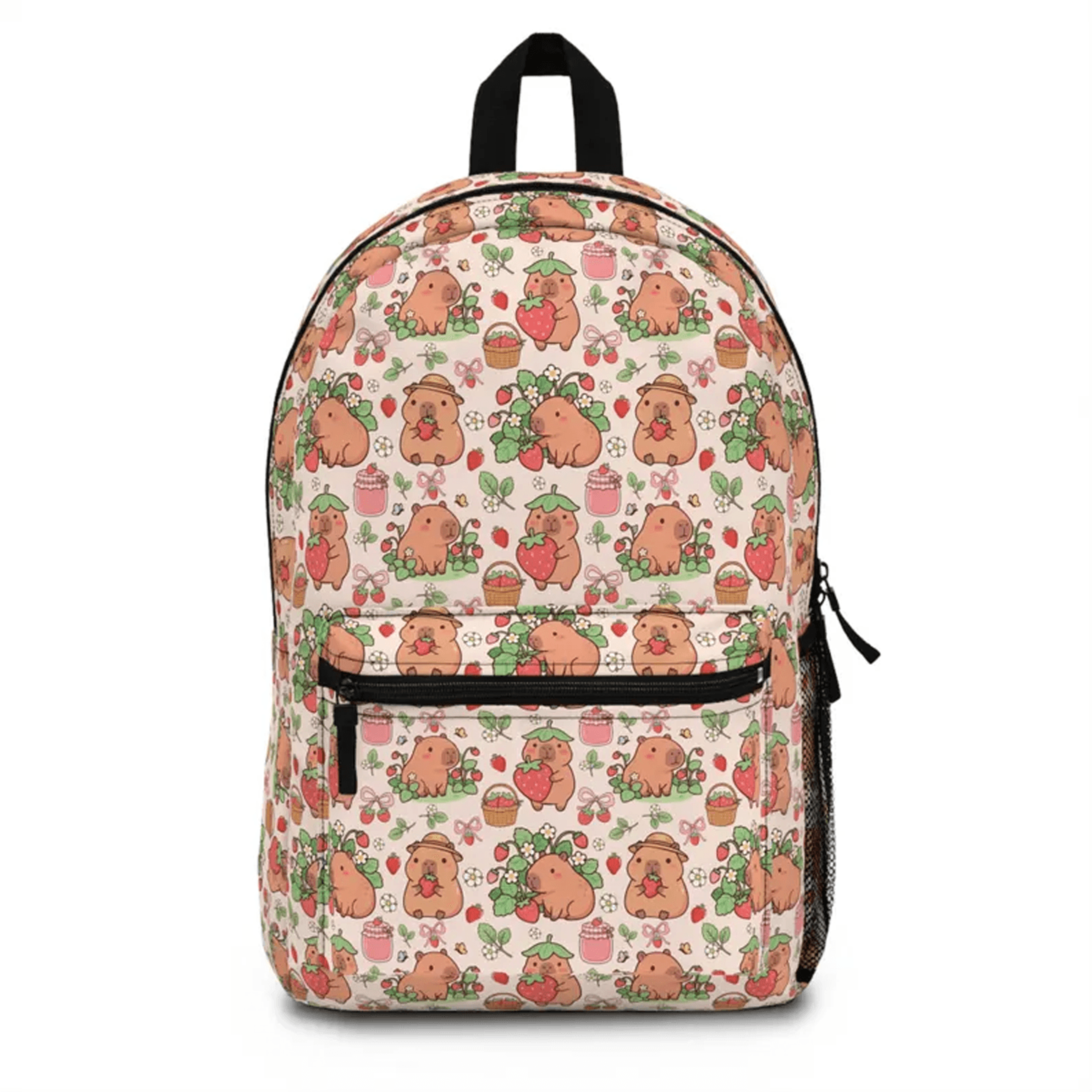 strawberry capybara backpack, cute kawaii school bag, pastel cottagecore kids bookbag, personalized gift for girls