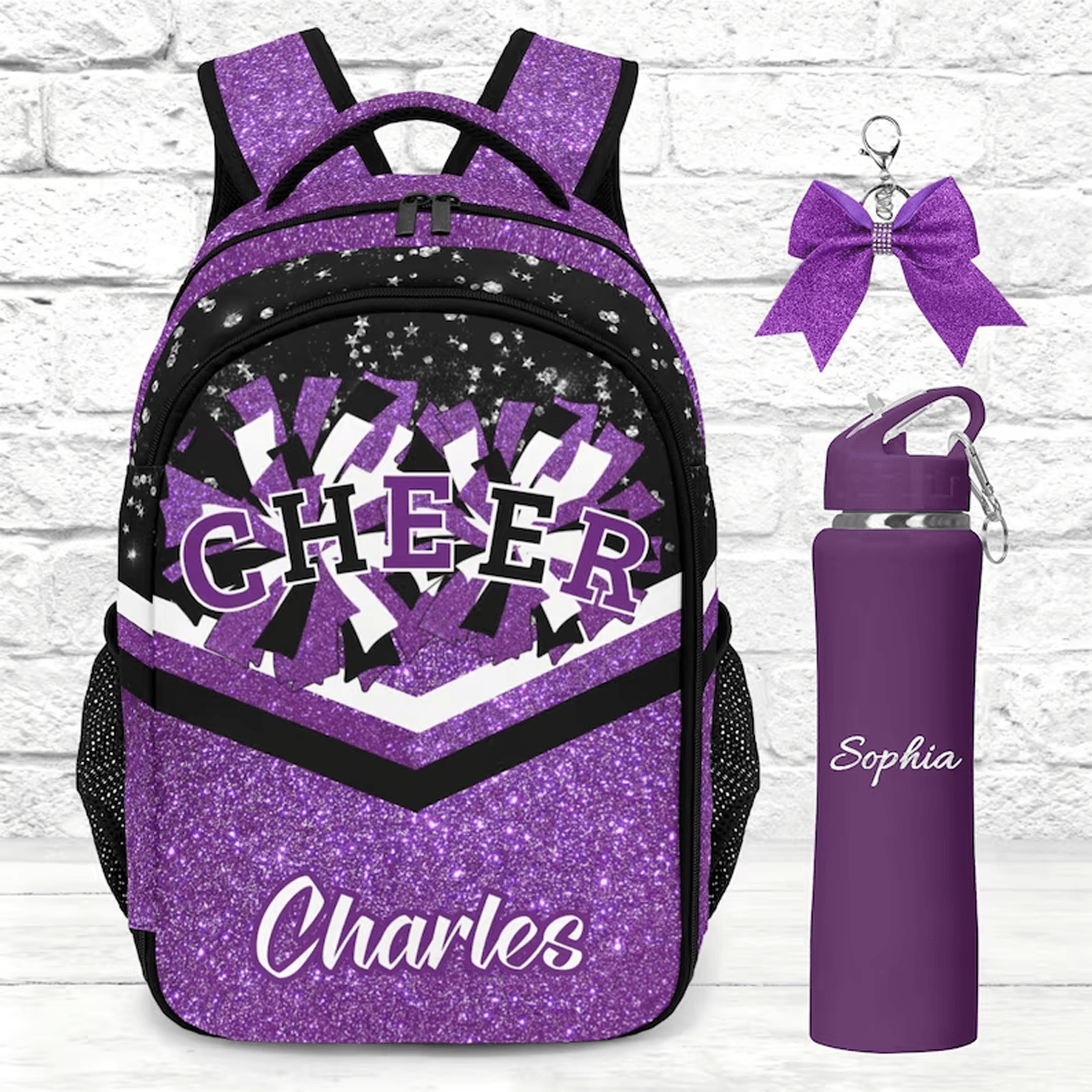 personalized purple cheer backpack, custom name cheerleader school bag, cheer team sports bag, competition gift for girl