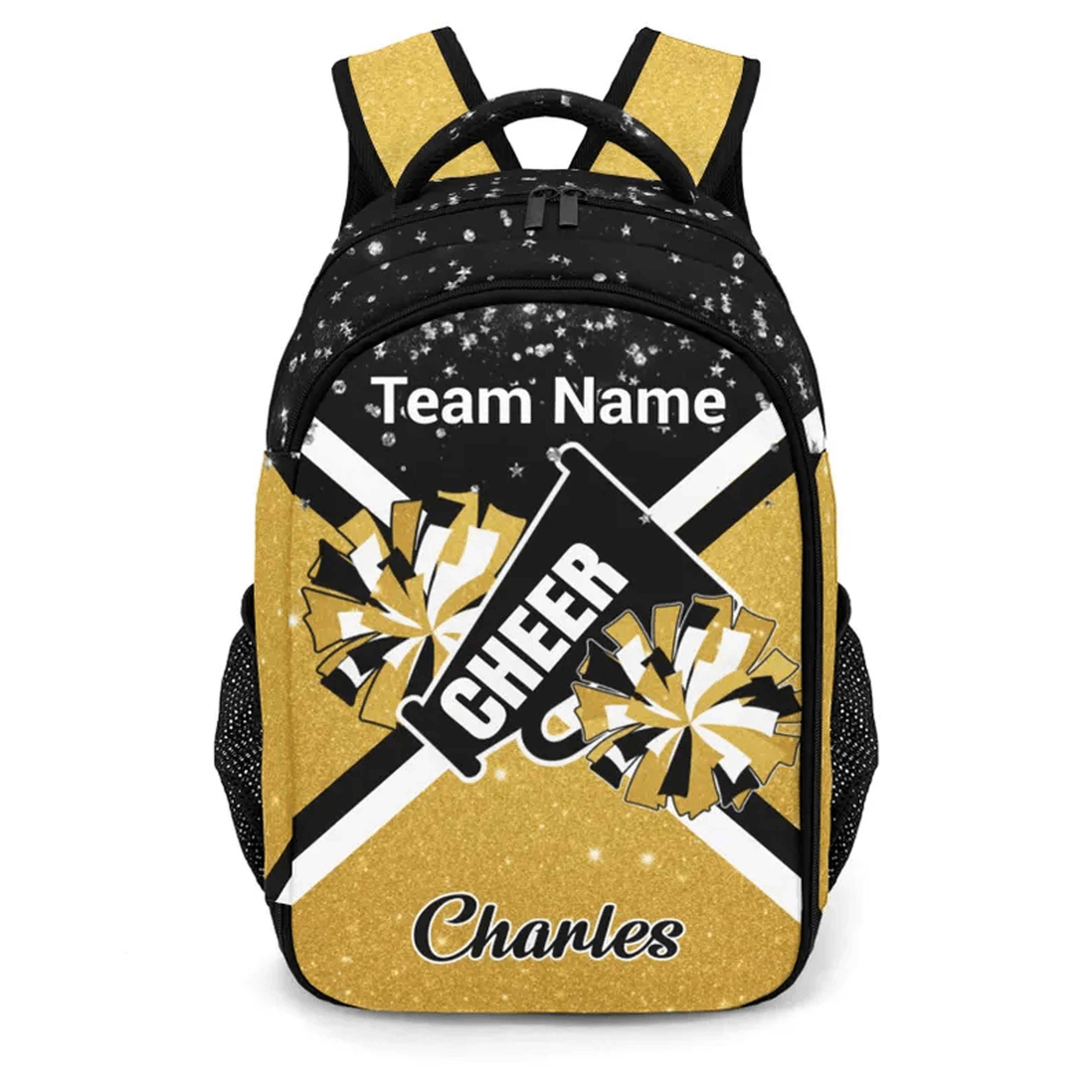 personalized gold cheer backpack, custom name cheerleader bag, team competition school backpack, cheer gift for girls