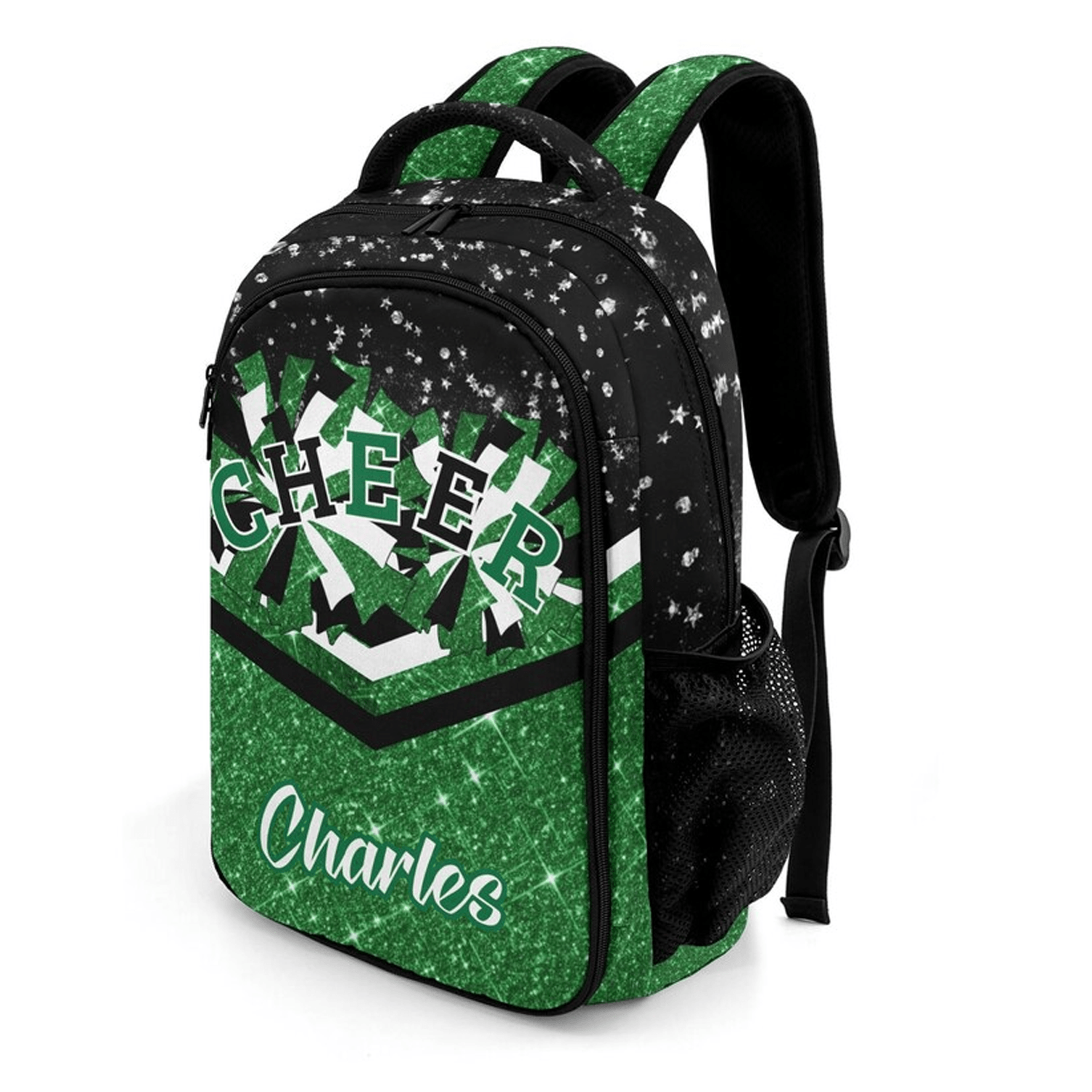 personalized green cheer backpack, custom name cheerleader bag, cheer team school backpack, competition gift for girls