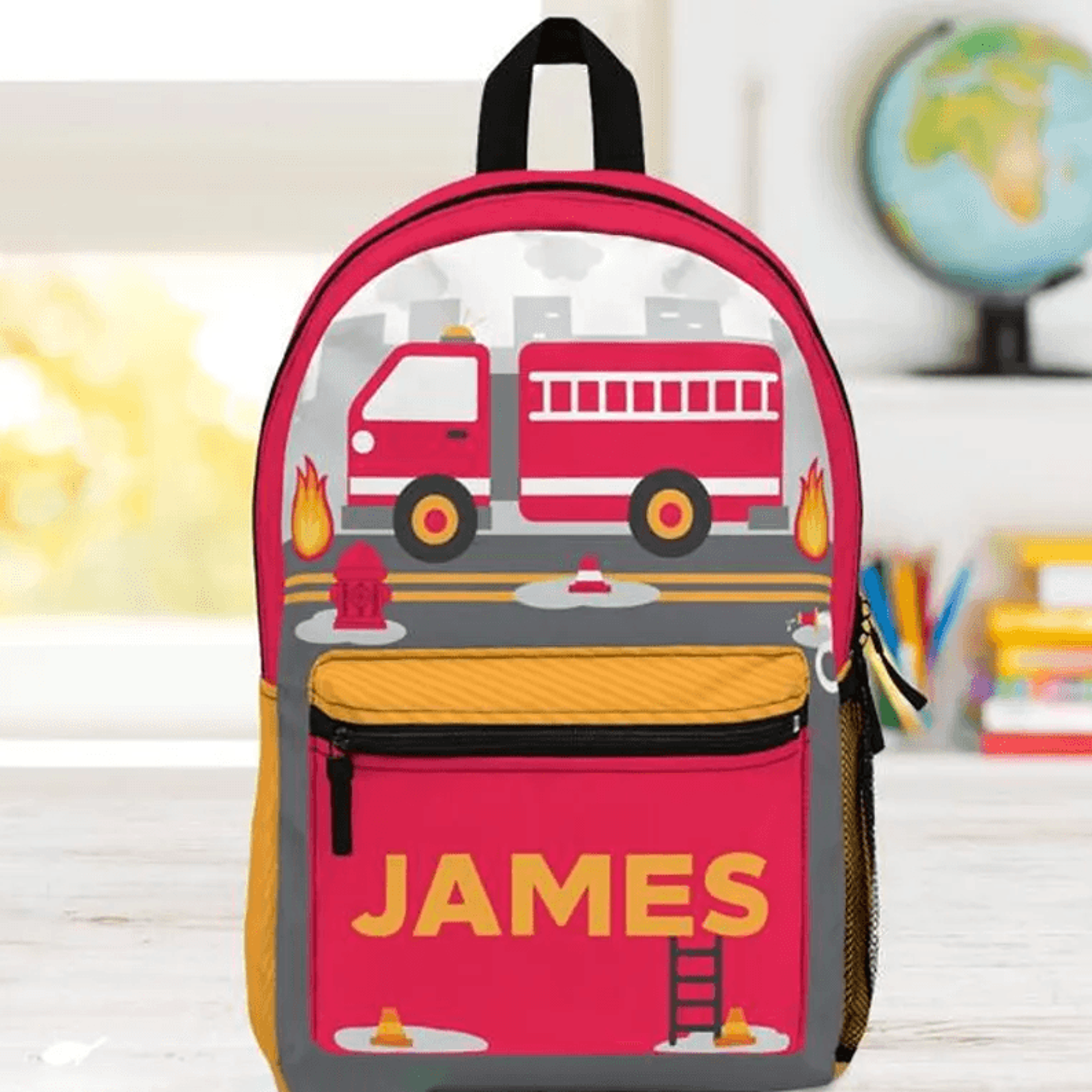 personalized firetruck backpack, custom name firefighter school bag, kids back to school bookbag, fire truck gift for bo