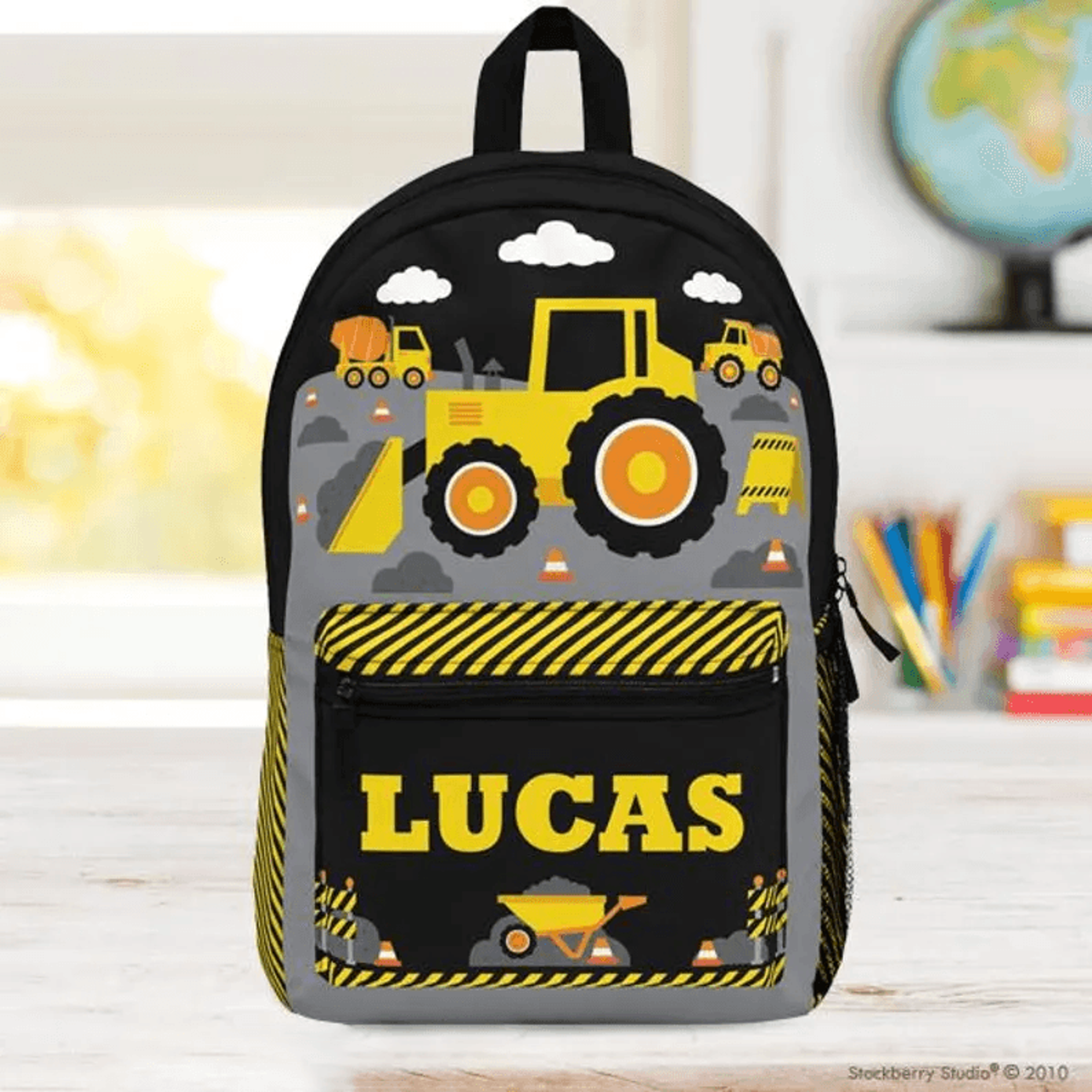personalized construction backpack, custom name dump truck school bag, excavator kids bookbag, back to school gift for b