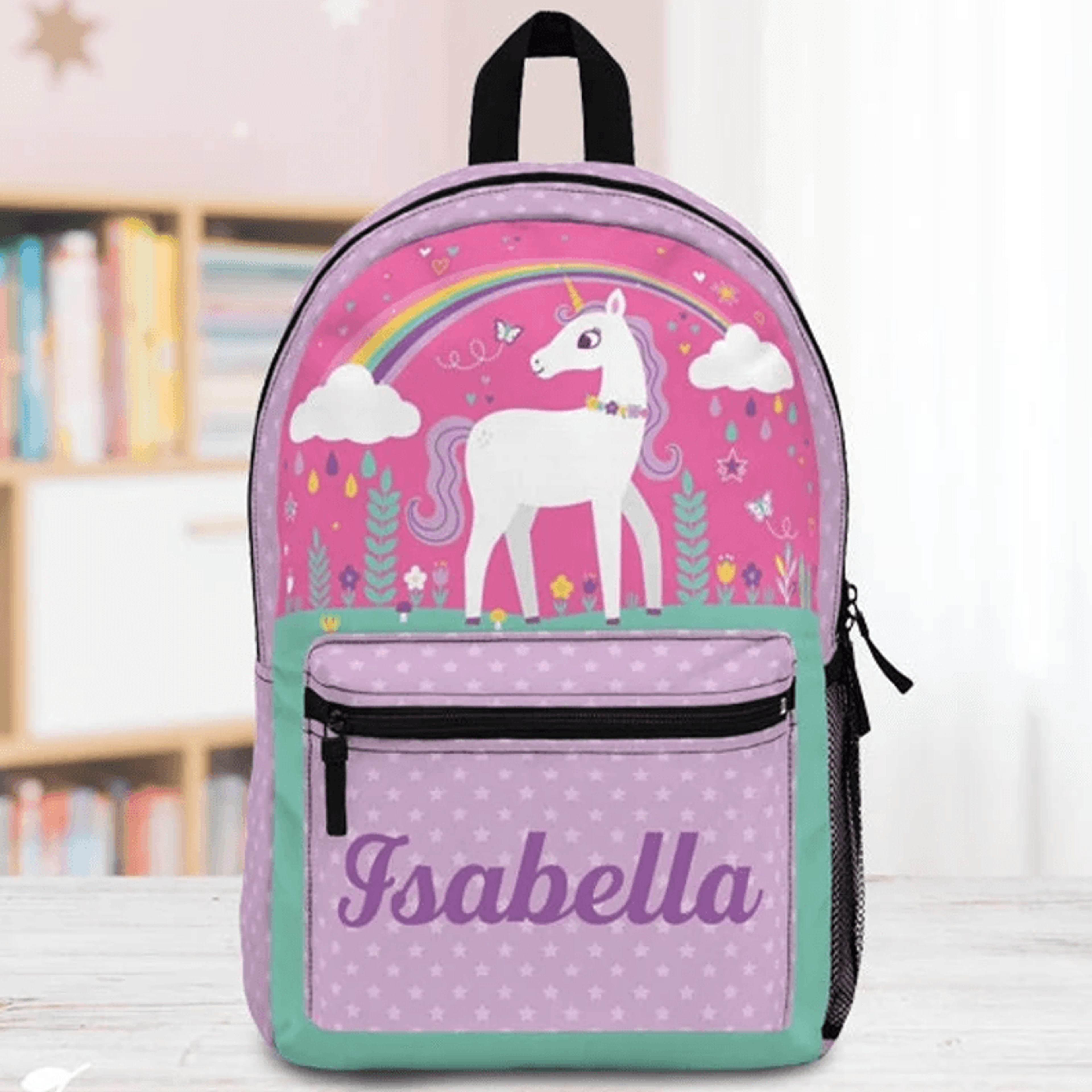 personalized unicorn backpack, custom name rainbow school bag, girls kids bookbag, back to school unicorn gift