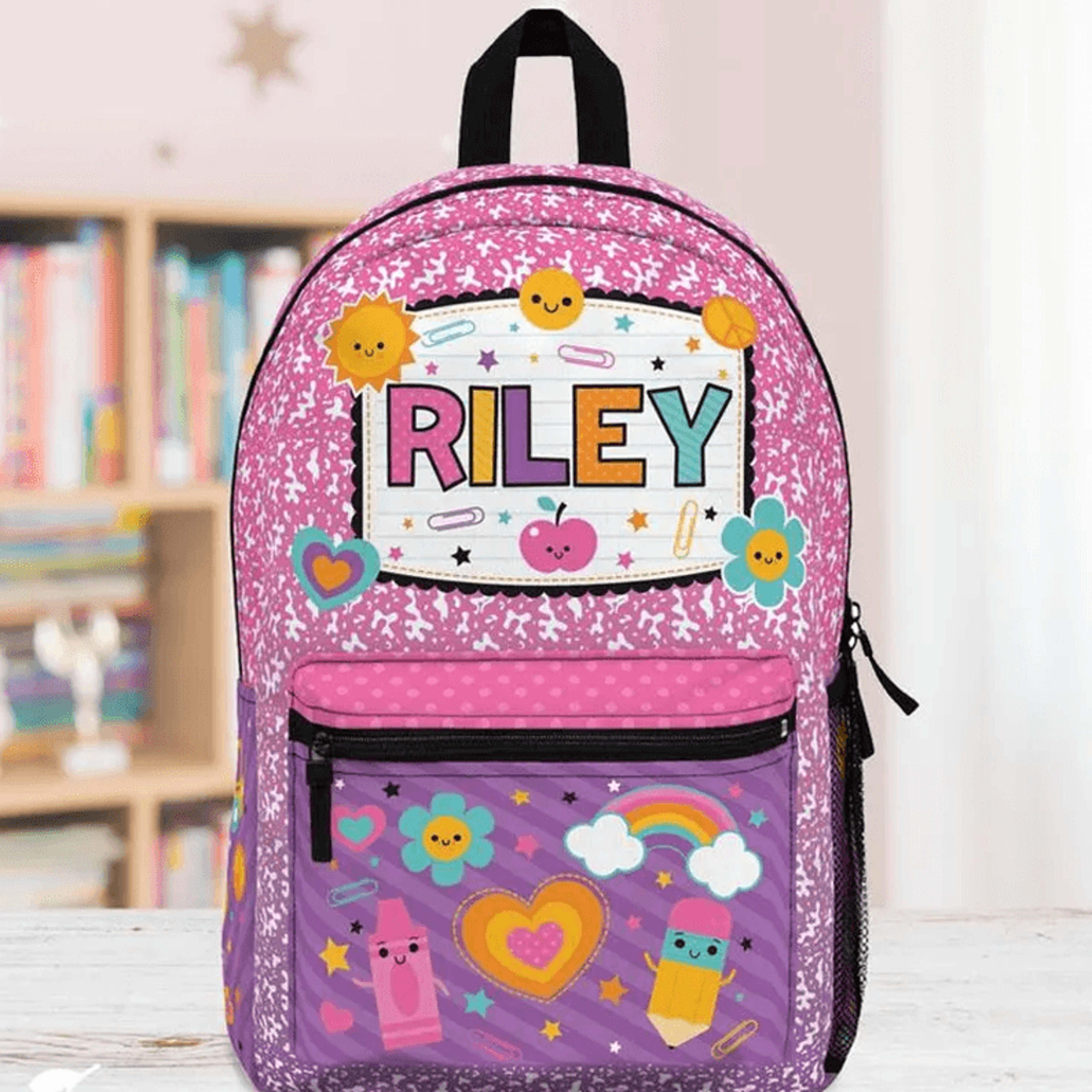 personalized composition book backpack, custom name rainbow school bag, retro groovy girls bookbag, back to school gift