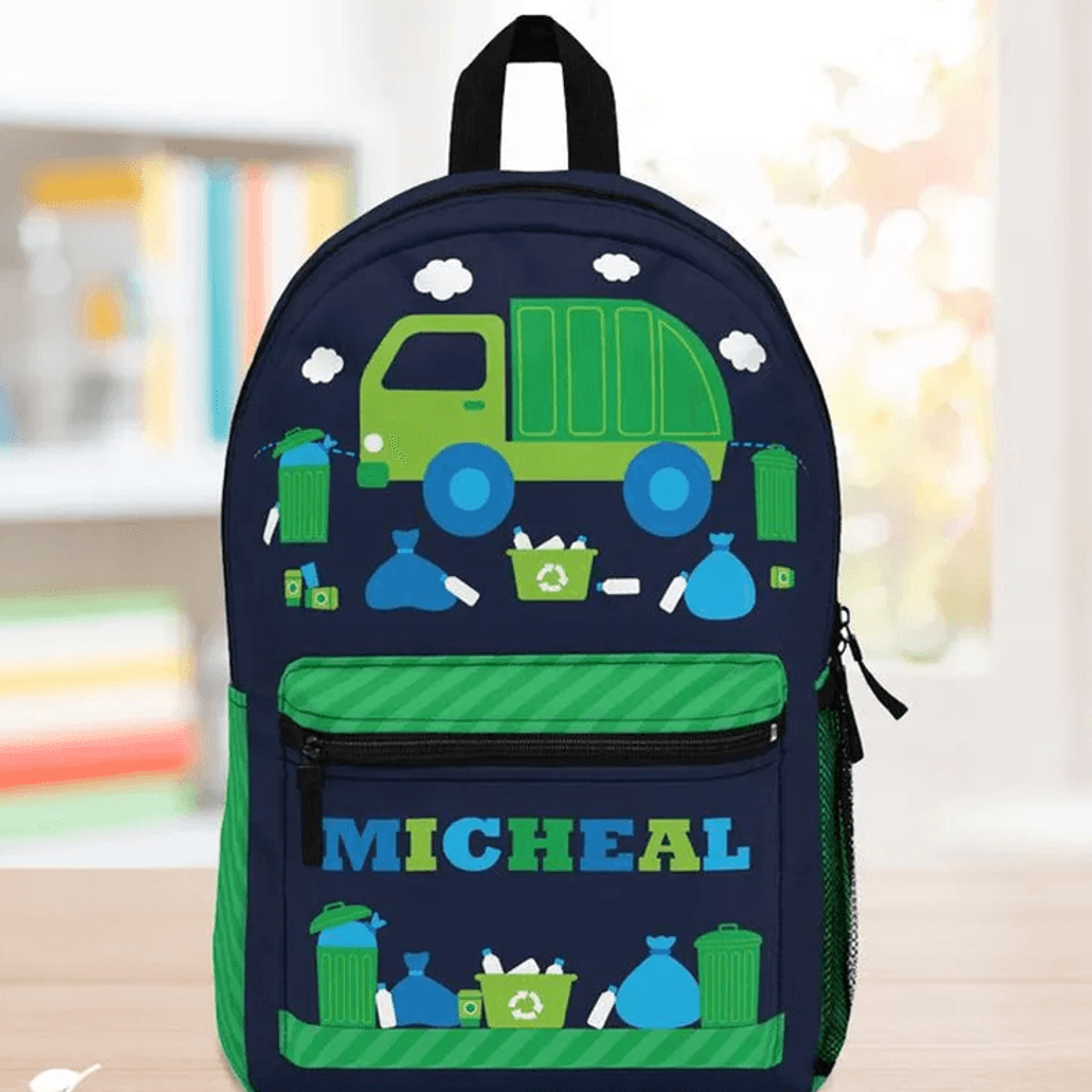 personalized garbage truck backpack, custom name trash truck school bag, kids back to school bookbag, truck gift for boy