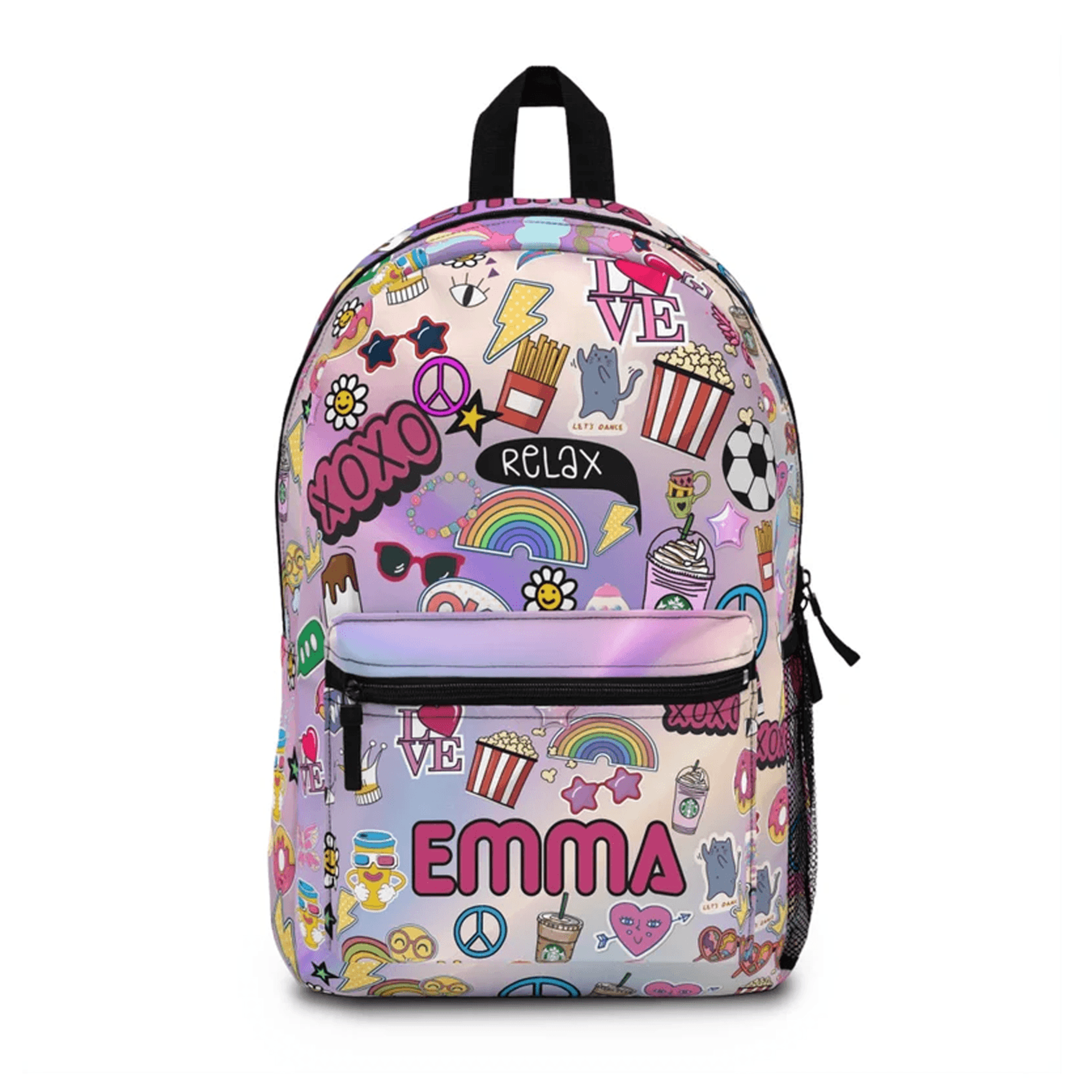 personalized girls backpack, custom name sticker school bag, rainbow kids bookbag, back to school gift for girls